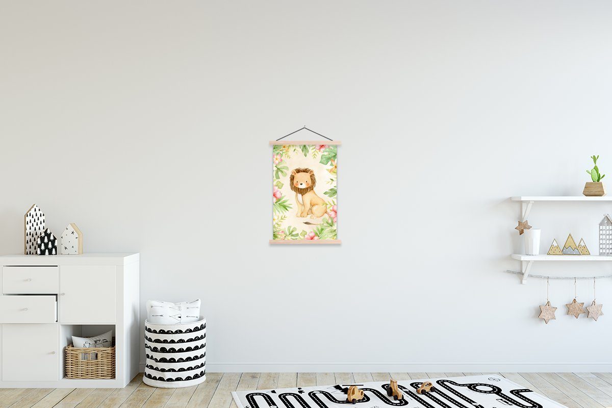 MuchoWow Poster Löwe - Blumen - Dschungel - Aquarell, (1 St), Posterleiste, Textilposter für Wohnzimmer, Bilderleiste, Magnetisch