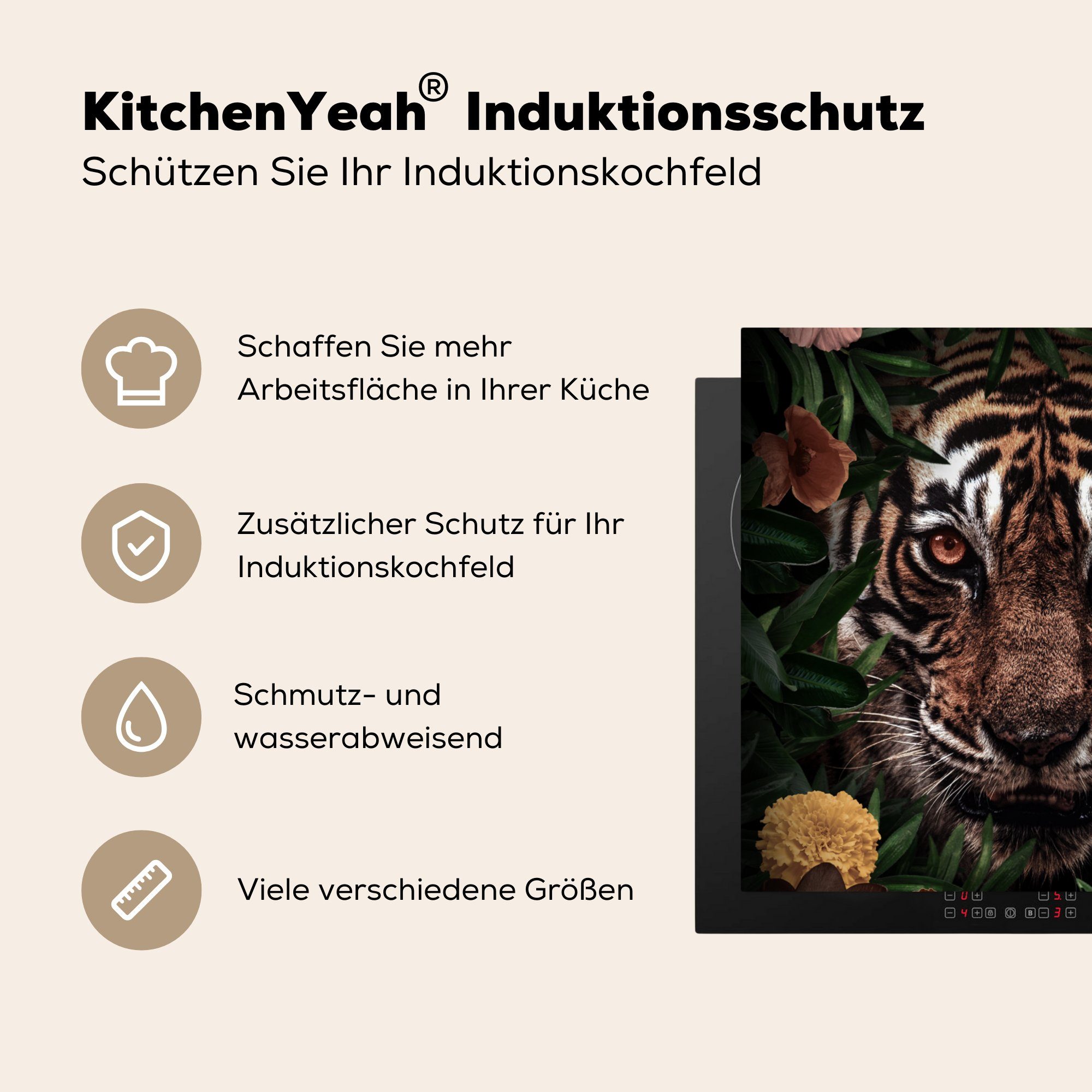 (1 MuchoWow Tiger Ceranfeldabdeckung, Arbeitsplatte Dschungel - für - küche cm, Blumen, tlg), 78x78 Herdblende-/Abdeckplatte Vinyl,