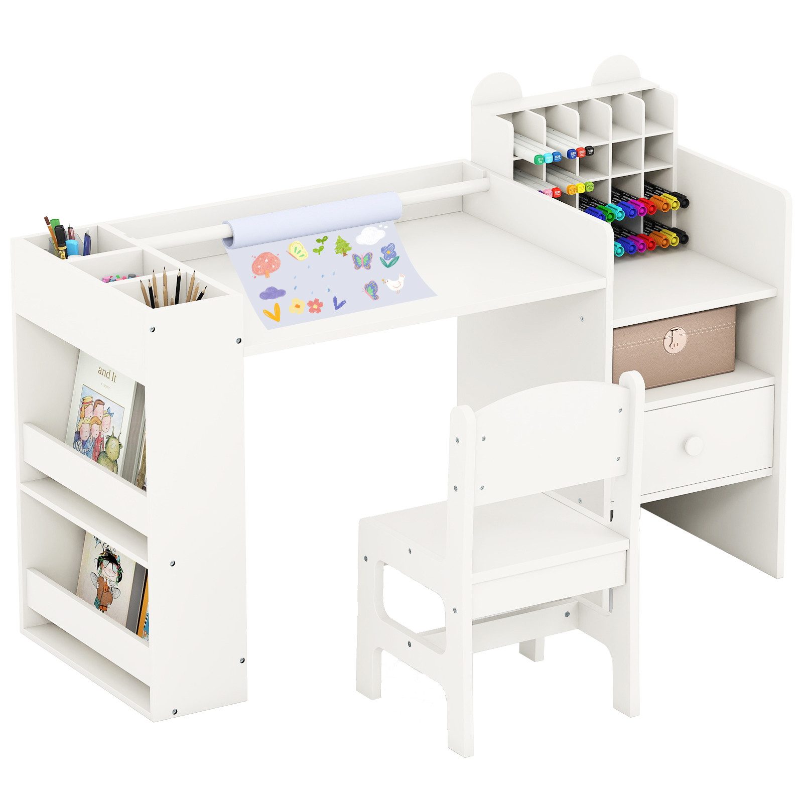 COSTWAY Kinderschreibtisch, Kinder Schreibtisch Set mit abnehmbarem Papierrollenhalter