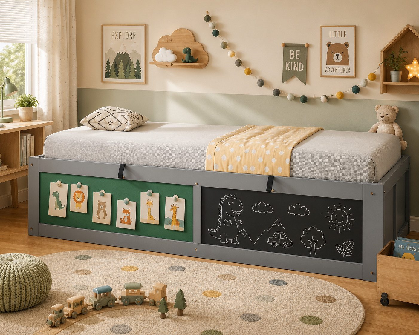 Merax Kinderbett 90×200cm mit hydraulischem Stauraum (1-tlg), Einzelbett mit Kreativtafel und Bücherregal, Jugendbett in Weiß/Grau – Bild 2 von 5