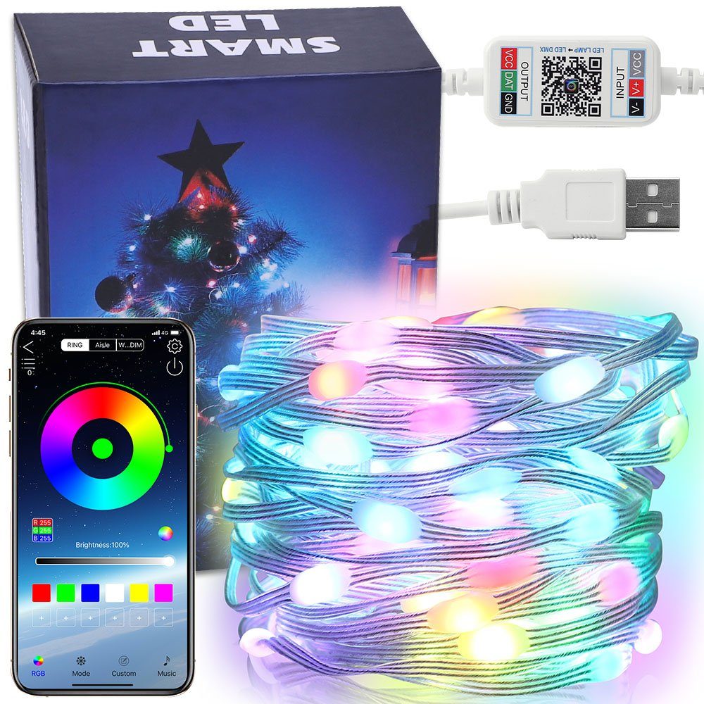 Rosnek LED-Lichterkette 5/10M, RGB, wasserdicht, Bluetooth/App, USB, für Weihnachtsfeier, Musiksynchronisation,Timer