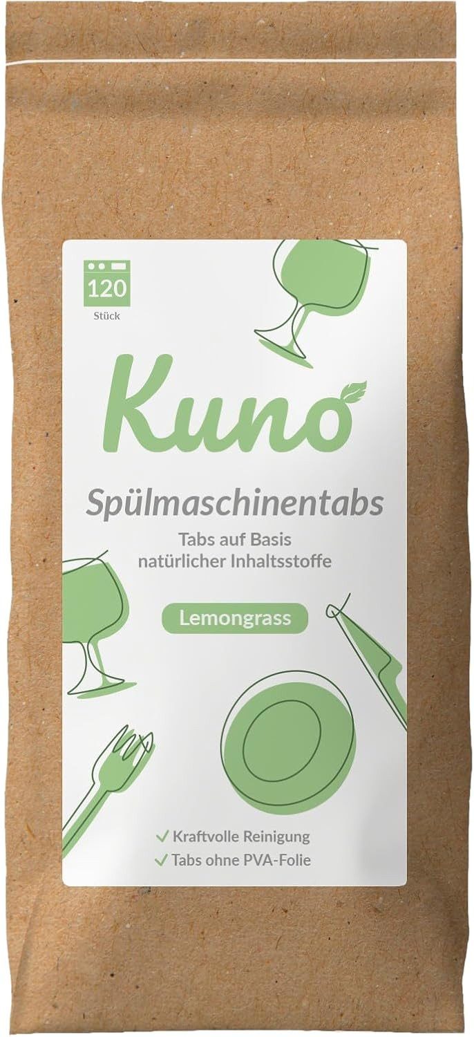 Kuno Kuno Spülmaschinentabs - 120 Tabs - Biologisch abbaubar & ohne Plastik Geschirrspülmittel (120 Stück, Geschirrspültabs, Plastikfrei)