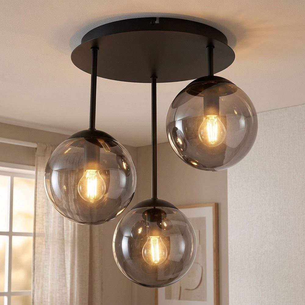 GLOBO LIGHTING LED Deckenleuchte, Leuchtmittel inklusive, Warmweiß, LED Deckenleuchte Wohnzimmerlampe schwarz Glas rauchfarben H 40 cm