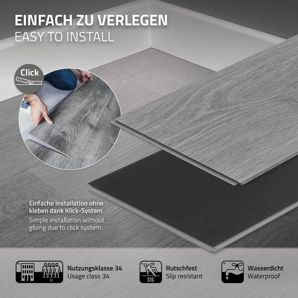 ML-DESIGN Vinylboden PVC Vinyl Bodenbelag Klick-Vinyl Holzoptik Vinylbodenbelag wasserfest, Klickvinyl 4,62m² / 21x Dielen Bodenbelag 4,2mm Dicke