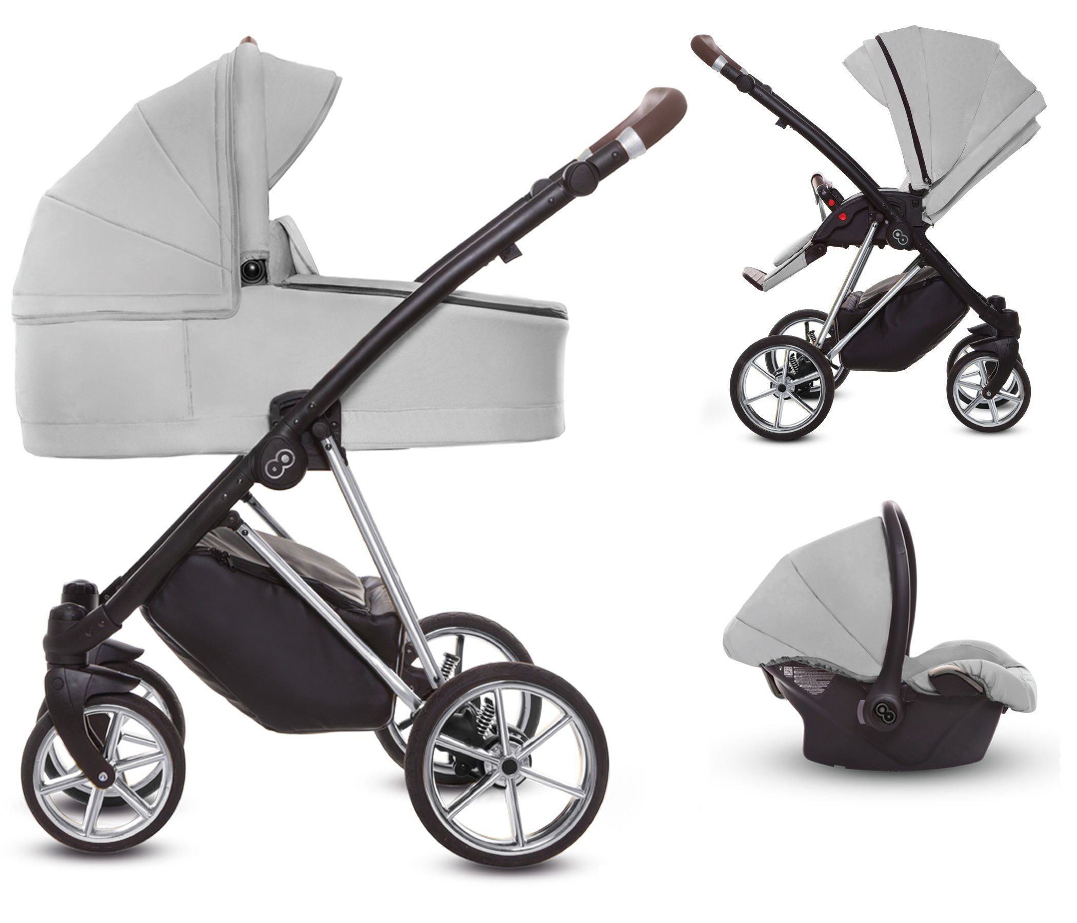 TPFFamily Kombi-Kinderwagen 3 in 1 Musse Ultra, Baby Buggy Babywanne Autositz, großes Zubehör-Set Kinderwagen 3 in 1 Stoff Zen, Gestell Silber