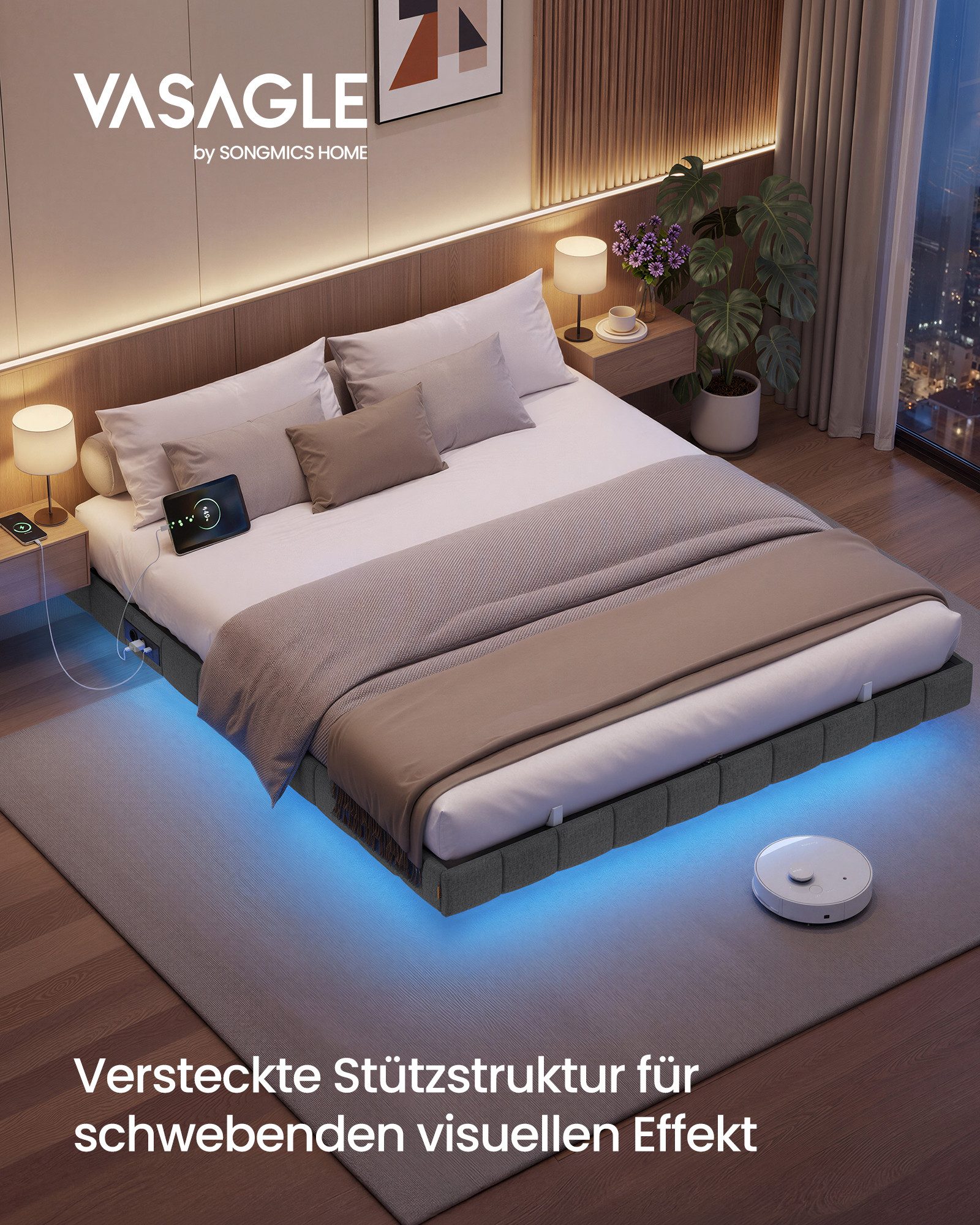 VASAGLE Polsterbett, Bettrahmen, mit LED-Beleuchtung, Bettgestell, schwebender Effekt