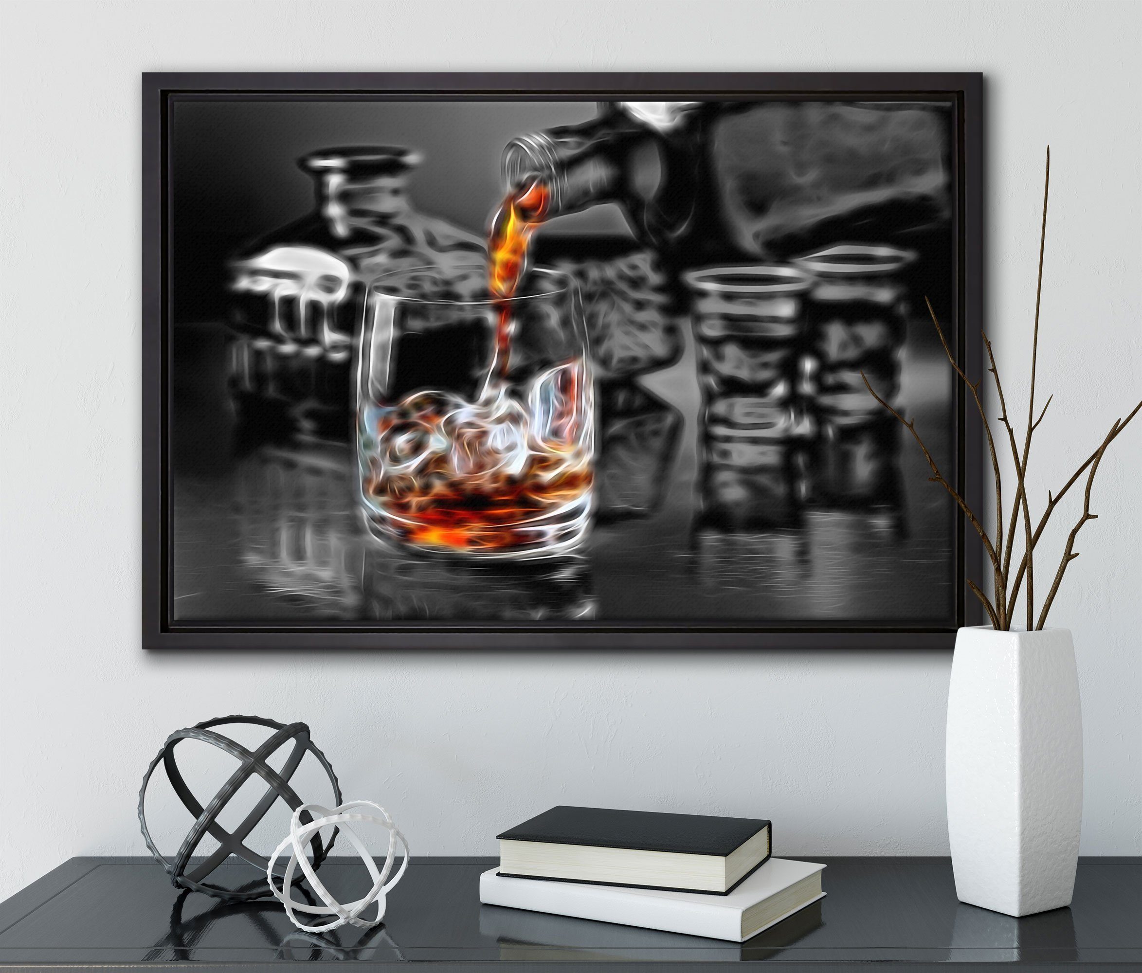 Pixxprint Leinwandbild Whiskey gefasst, bespannt, Leinwandbild Zackenaufhänger Whiskeyglas, fertig (1 inkl. im in Wanddekoration einem St), Schattenfugen-Bilderrahmen