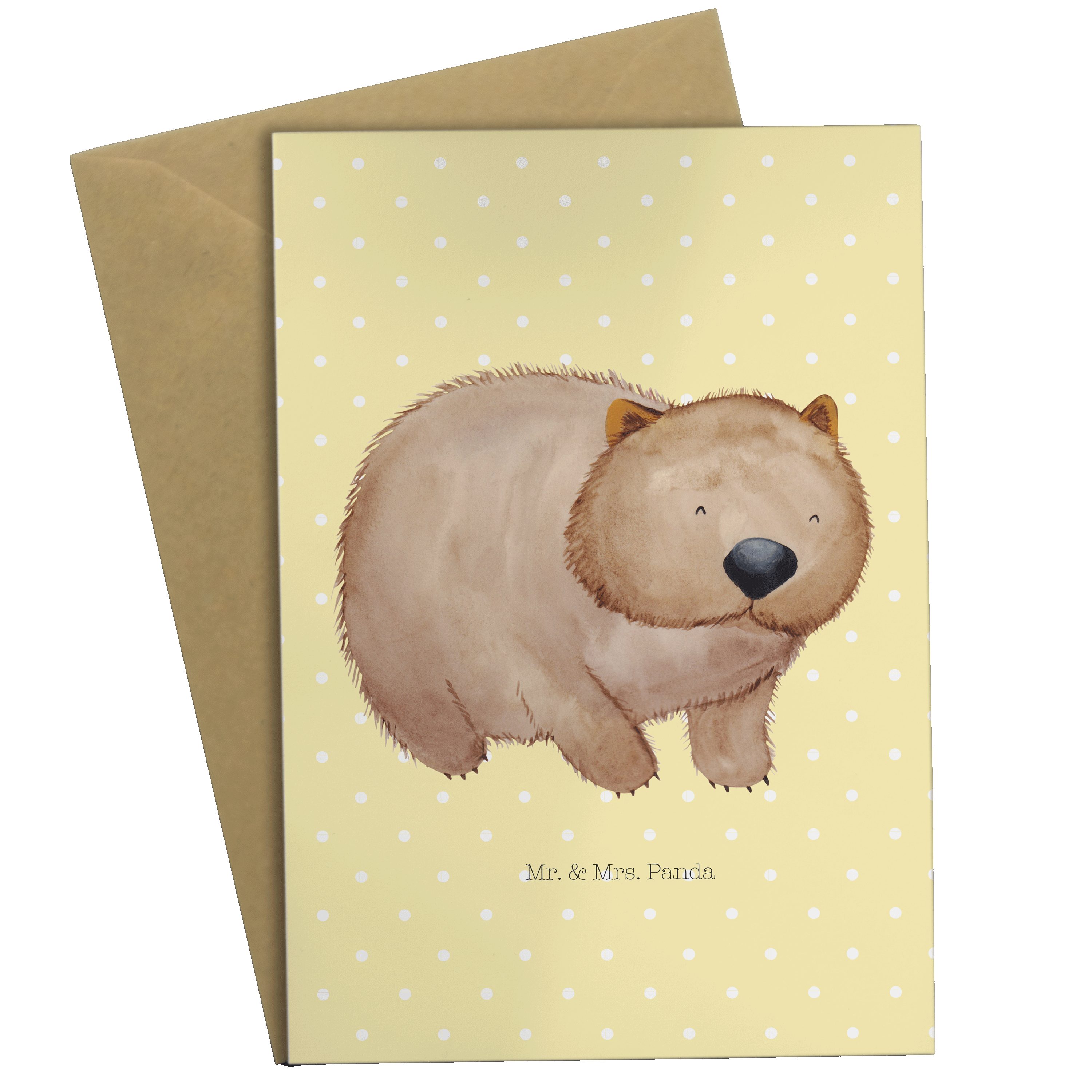 Mr. & Mrs. Panda Grußkarte Wombat - Gelb Pastell - Geschenk, Einladungskarte, Hochzeitskarte, Ti