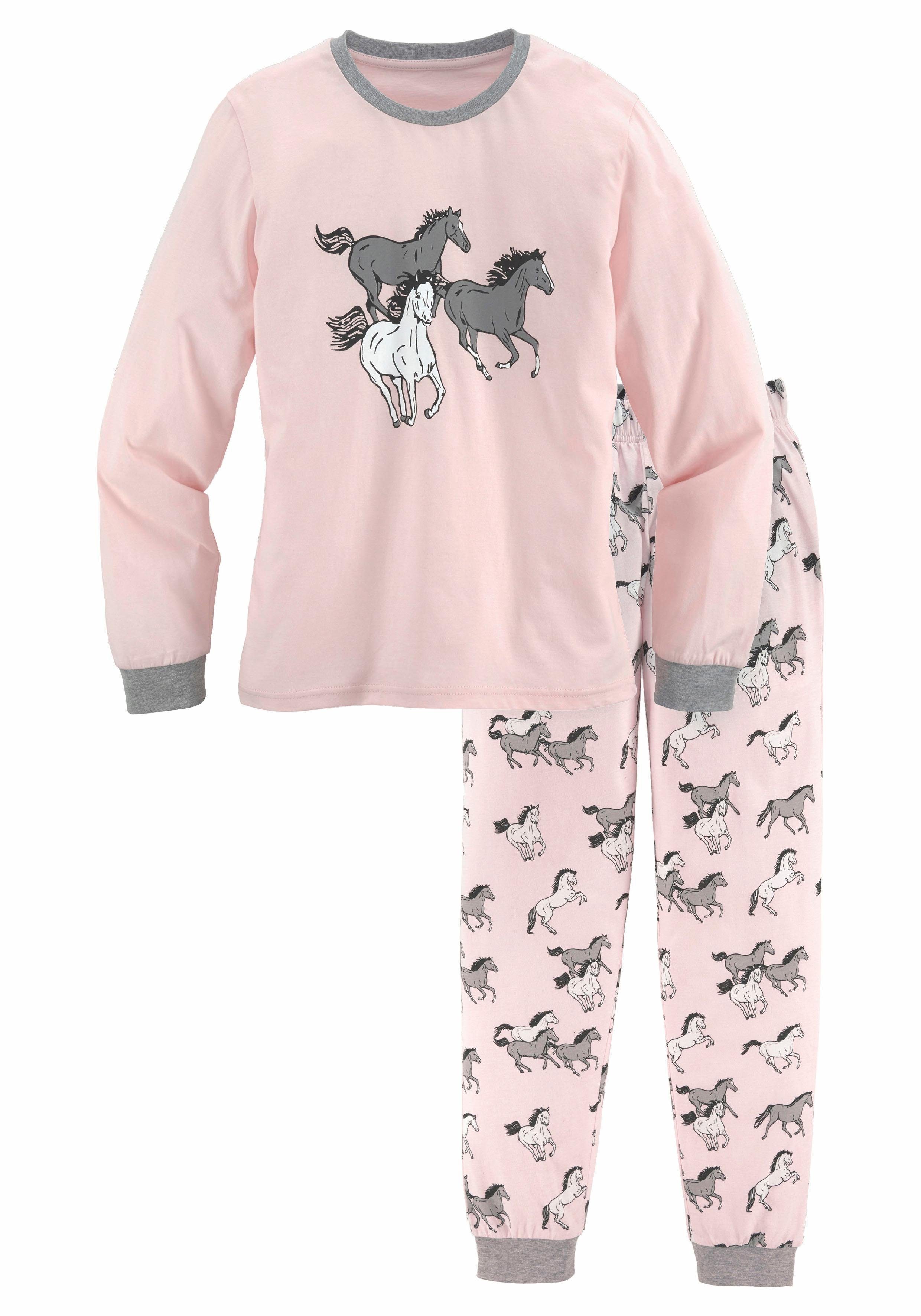 petite fleur Pyjama (2 tlg., 1 Set) langer Schlafanzug mit Pferdedruck, Rundhals-Ausschnitt, aus Baumwolle