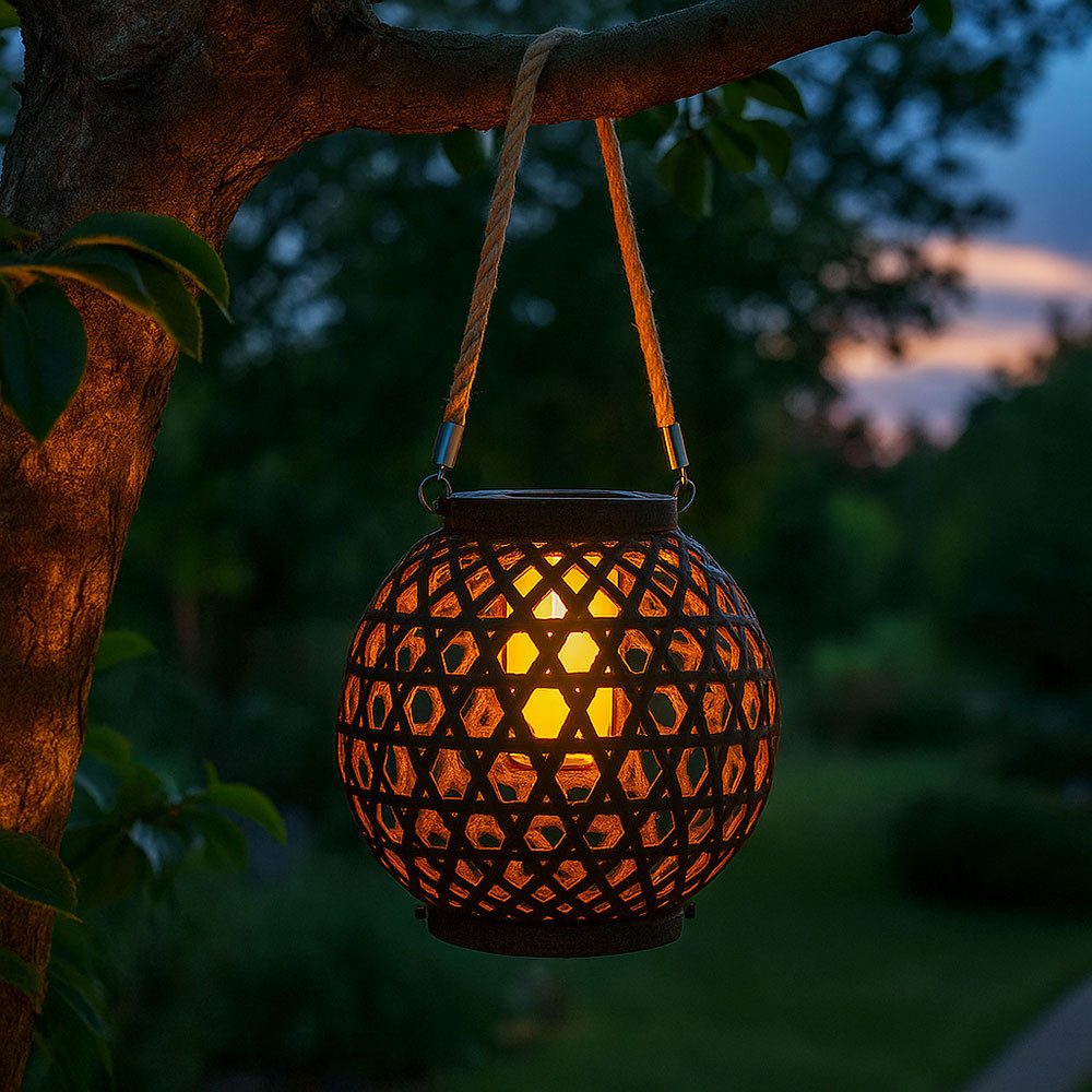 GLOBO LIGHTING LED Solarleuchte, LED-Leuchtmittel fest verbaut, Warmweiß, Solarlampe Außen Kugelleuchte LED rost Feuereffekt Hanfseil