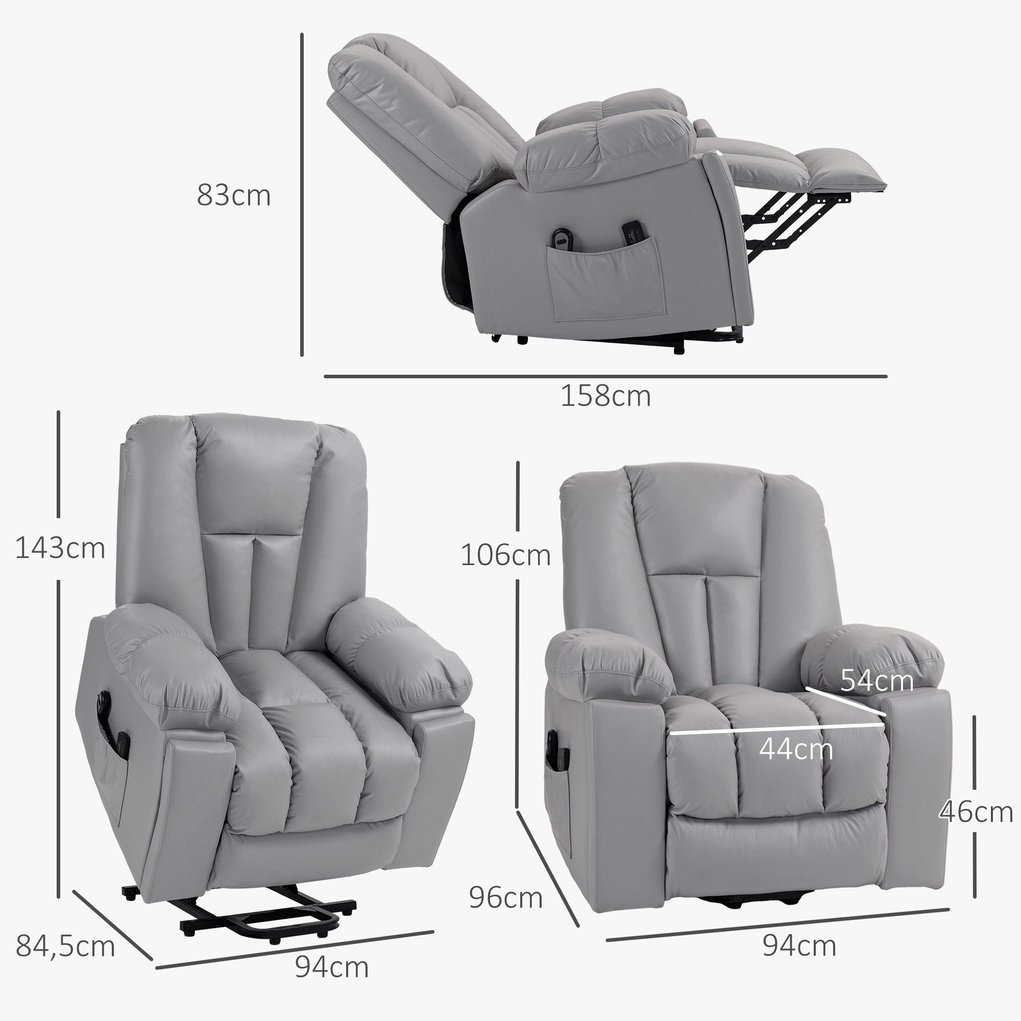 HOMCOM Massagesessel Elektrischer Aufstehsessel mit Seitentaschen (Fernsehsessel mit Fernbedienung, 1-St., Relaxsessel mit Liegefunktion), für Arbeitszimmer, Wohnzimmer, Dunkelgrau