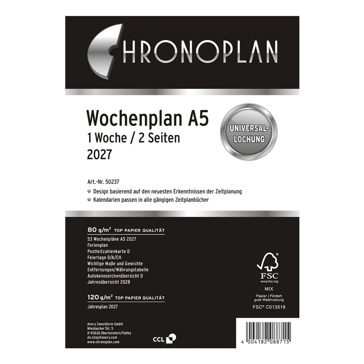 Avery Zweckform Terminplaner Chronoplan Wochenplan 2027, Kalendereinlage, 1 Woche = 2 Seiten