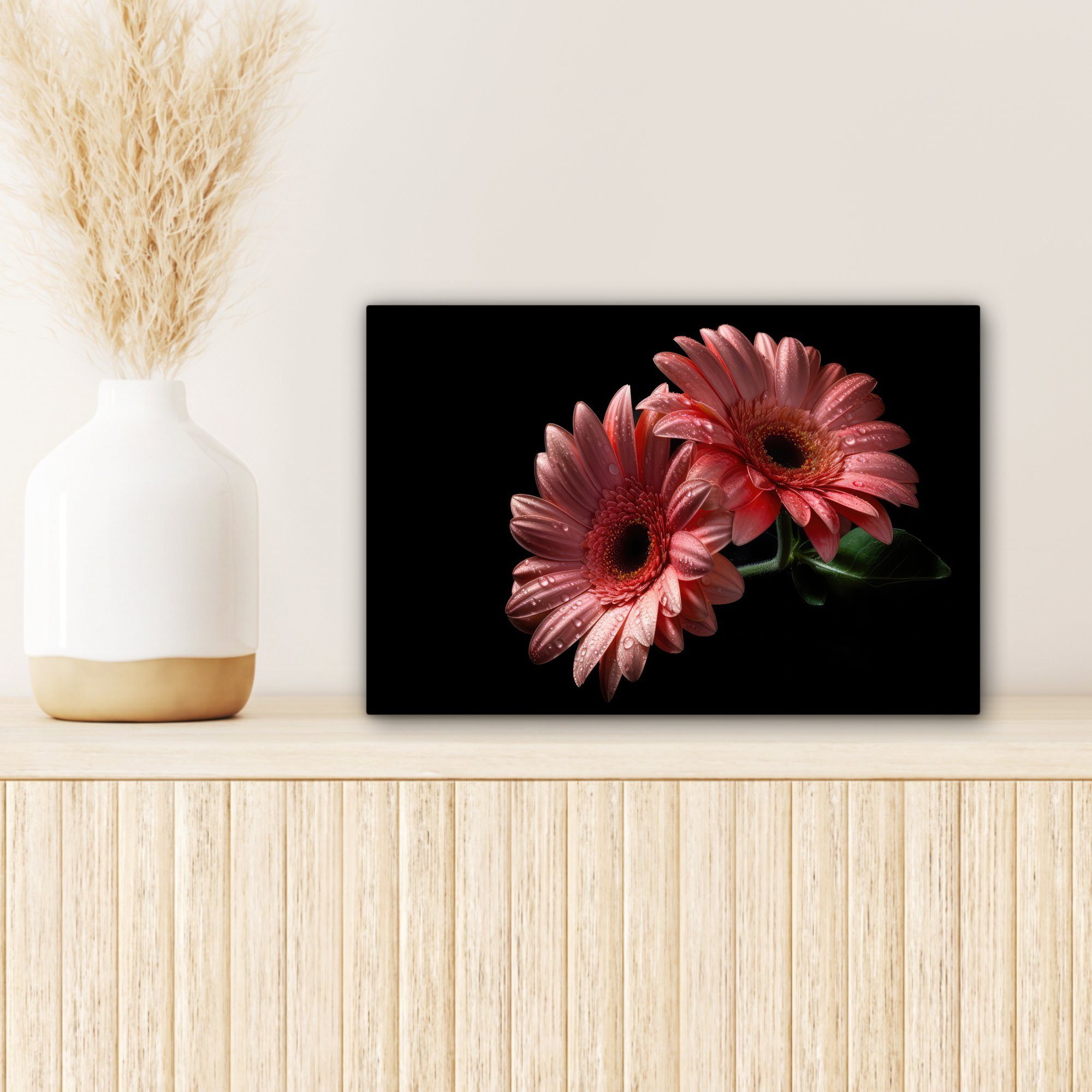 OneMillionCanvasses® Leinwandbild Blumen 30x20 Aufhängefertig, - Leinwandbilder, Wanddeko, Natur - Gerbera Rosa cm - Wandbild Porträt, - St), (1