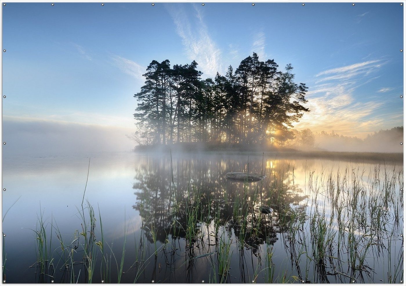 Thumbnail - Wallario Sichtschutzzaunmatten Stiller See mit Insel im Morgennebel, rund