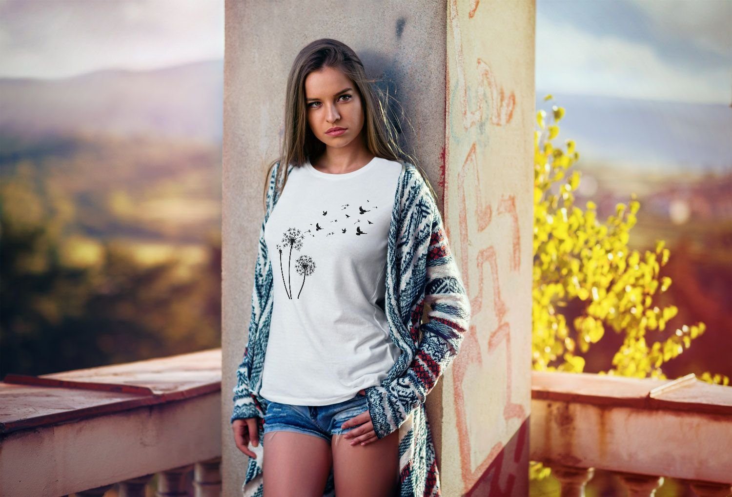 T-Shirt Neverless® mit weiß Slim Neverless Pusteblume Print Print-Shirt Fit Birds Damen Vögel Dandelion