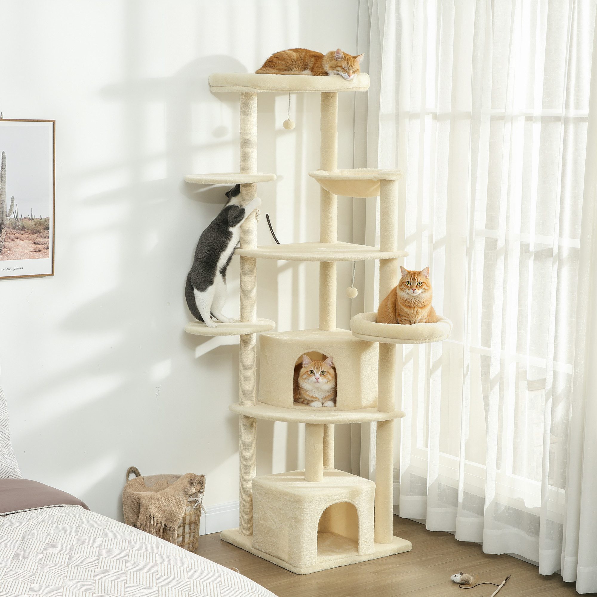 PawHut Kratzbaum mit 2 Betten, 2 Verstecken, 5 Plattformen, Hängematte, 2 Bällen, Katzenbaum mit Sisal-Seil, Plüsch, für 2-3 Katzen unter 6 kg, Beige