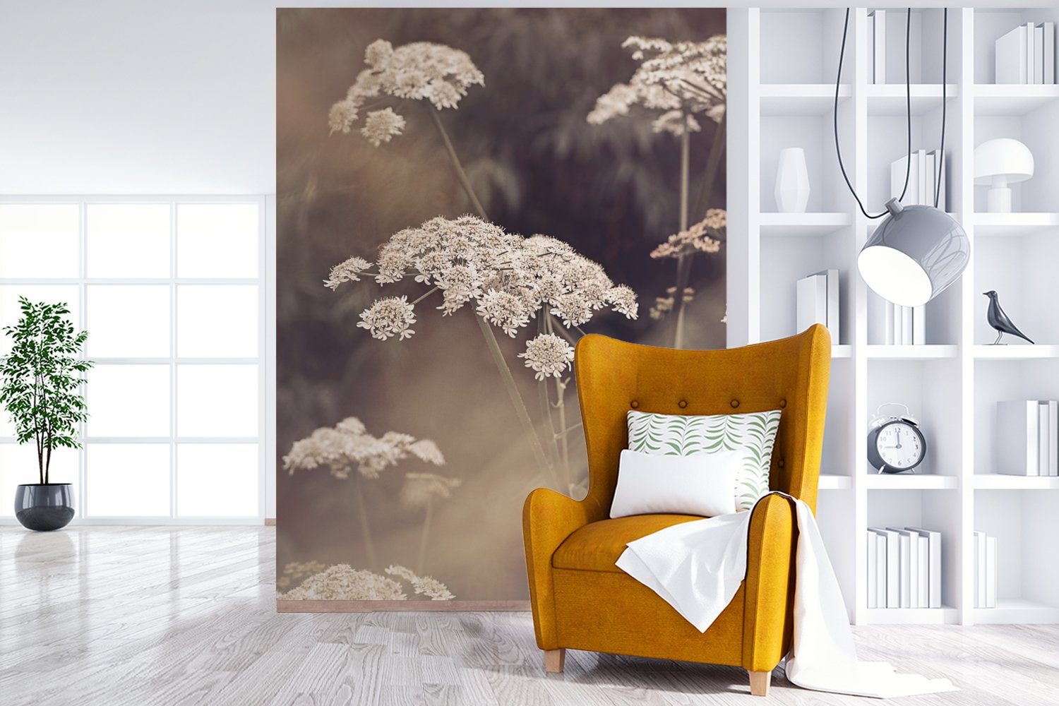 MuchoWow Fototapete (4 Pflanze - Matt, - St), Blumen, Montagefertig Vinyl - bedruckt, Weiß Tapete Wandtapete für Natur Wohnzimmer