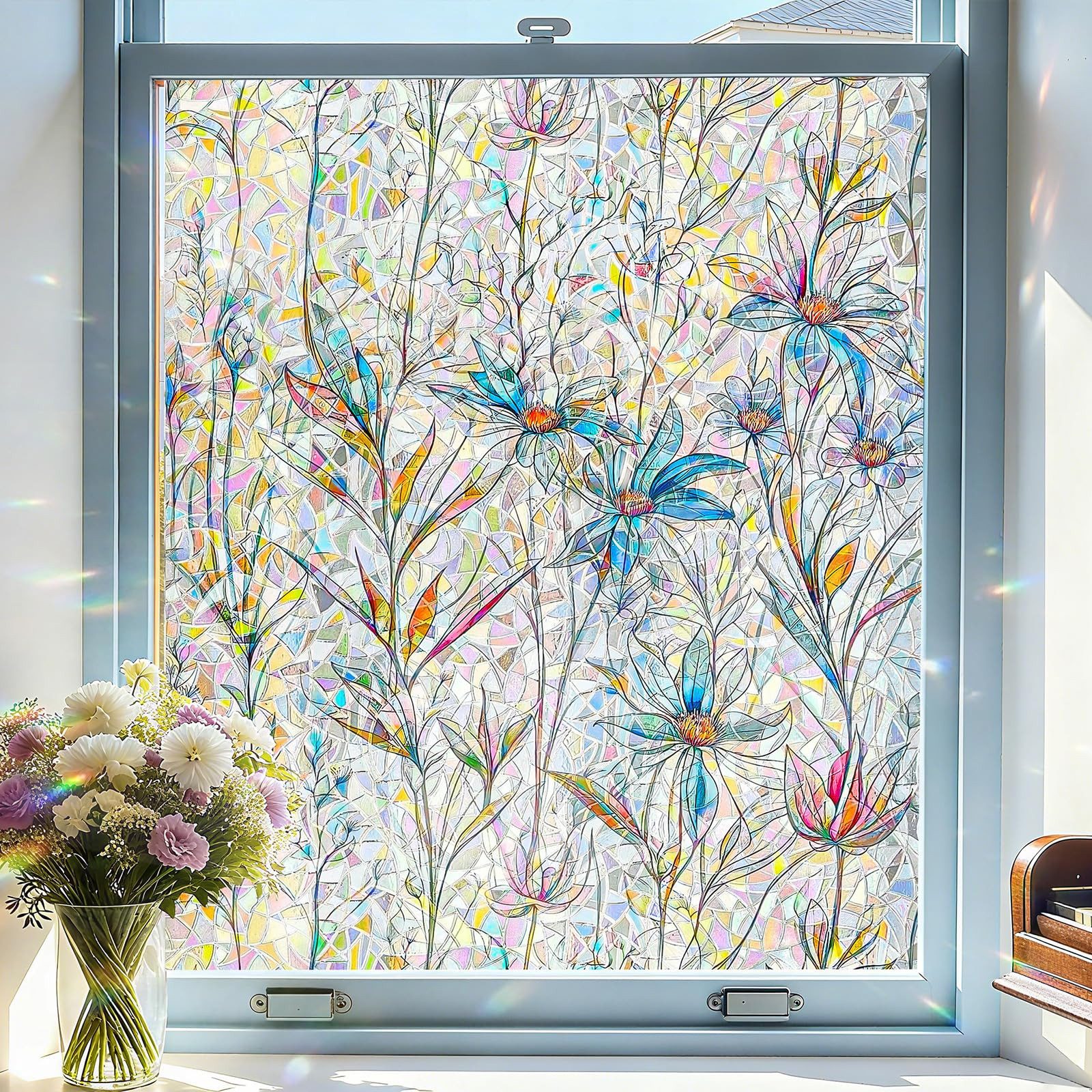 Diwzbyn Sonnenschutz-Fensterfolie Selbstklebend Statische Folie, Bunt Blickdichte Sichtschutzfolie, Bunte Blumen-Fensteraufkleber, Anti-UV Regenbogen Optik – Bild 2 von 5