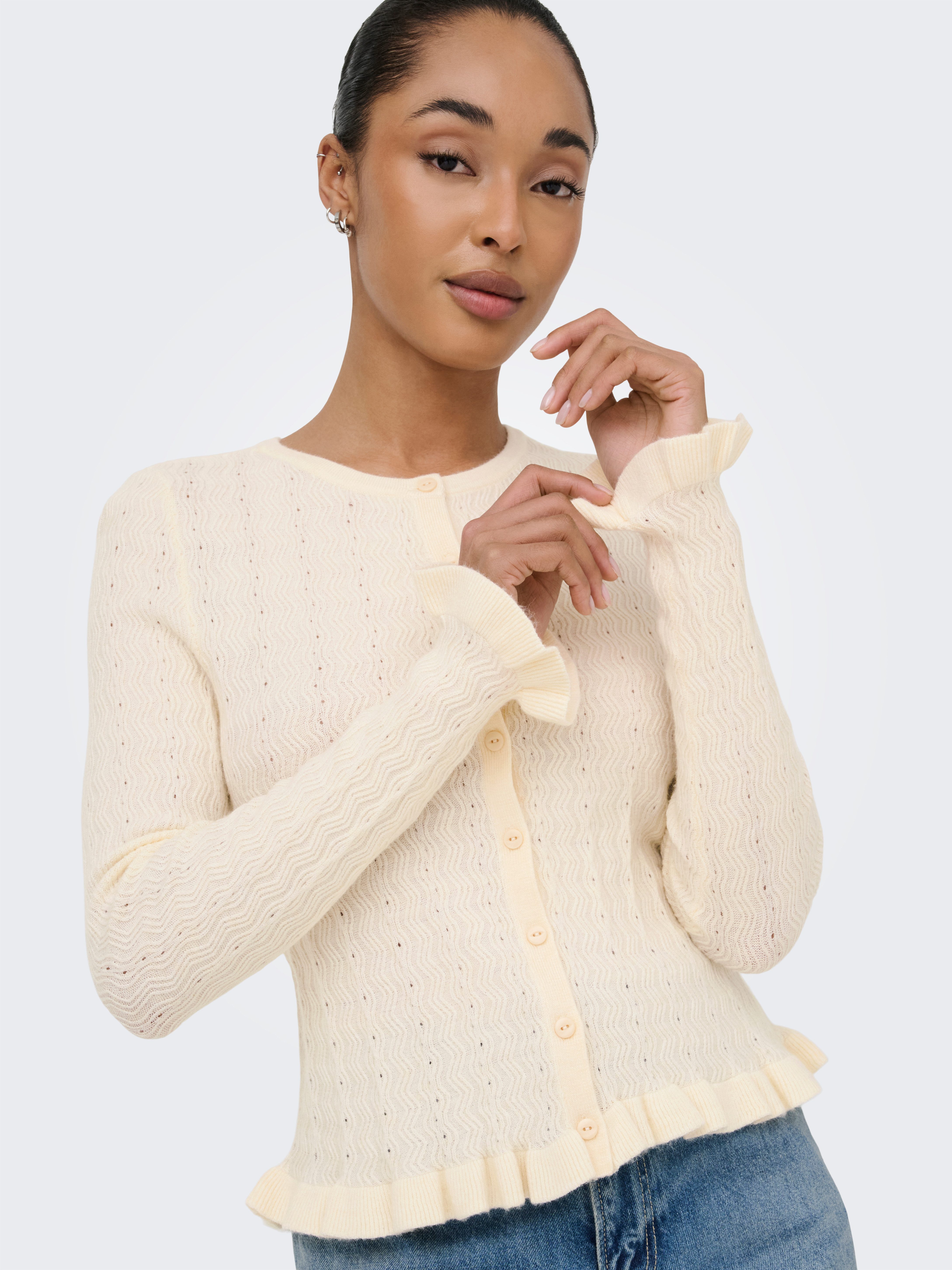 ONLY Strickjacke ONLIBI LS O-NECK FRILL CARDI EX KNT Viskosemischung, regular fit