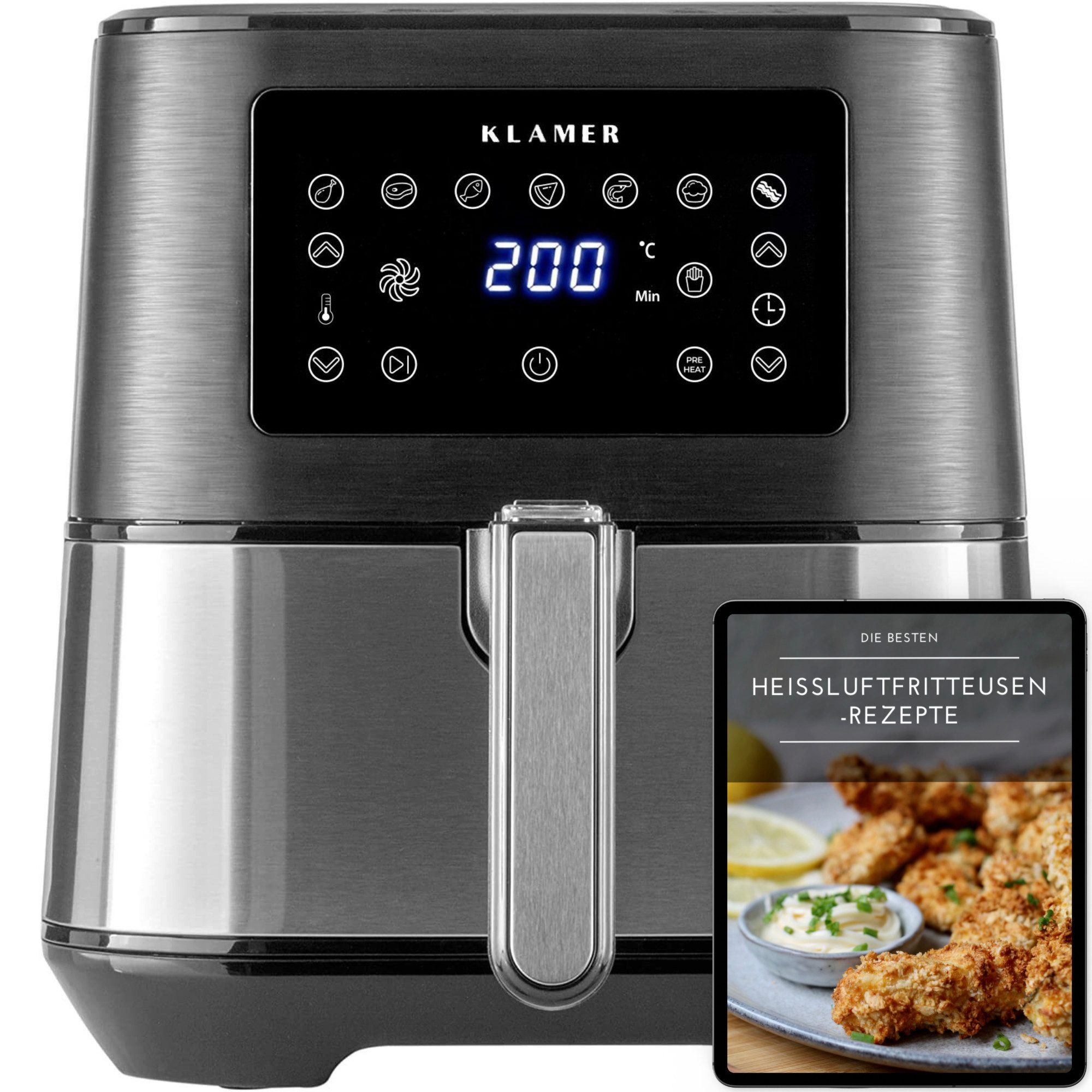 KLAMER Heißluftfritteuse XL 5,5l, Multifunktionale Heissluftfritteuse, ölfreie Fritteuse, 1700W Airfryer, 1700 W, LED Display, Antihaftkorb, Voreingestellte Kochprogramme, Cool-Touch