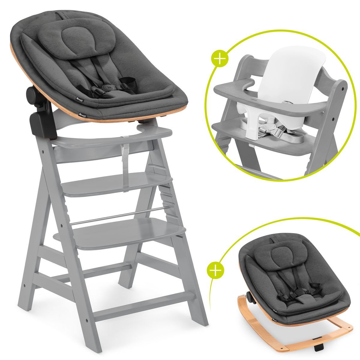 Hauck Hochstuhl Alpha Plus Newborn Set - Eco - Grey, Holz Babyhochstuhl ab Geburt inkl. Neugeborenenaufsatz & Baby Seat