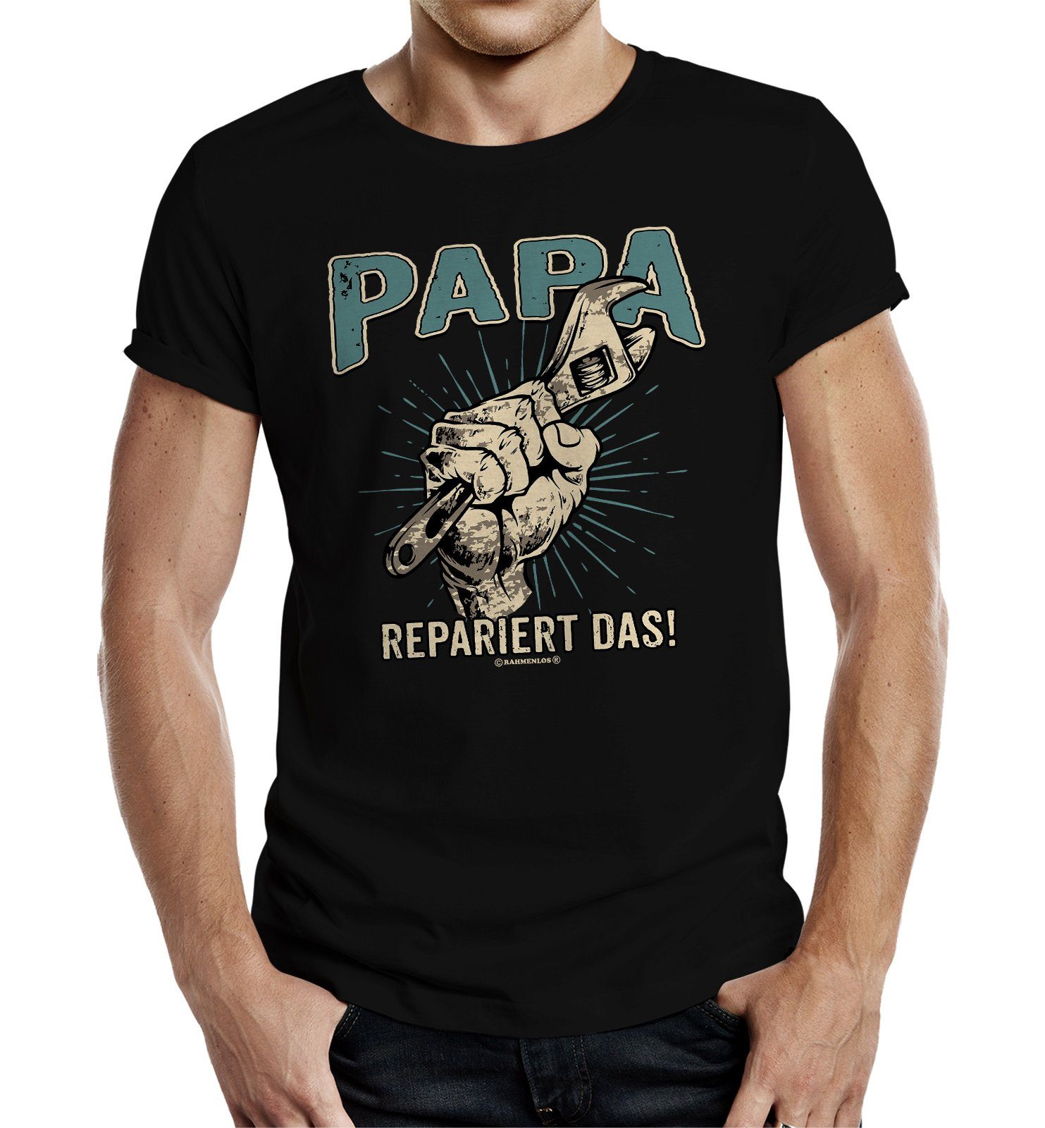 RAHMENLOS® T-Shirt Geschenk zum Vatertag, Vater oder werdender Papa - Papa repariert das