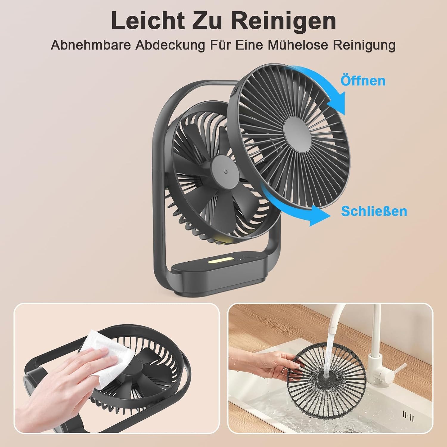AIMAX Tischventilator Tischventilator 4000 mAh USB-C mit 4 Stufen Schwarz