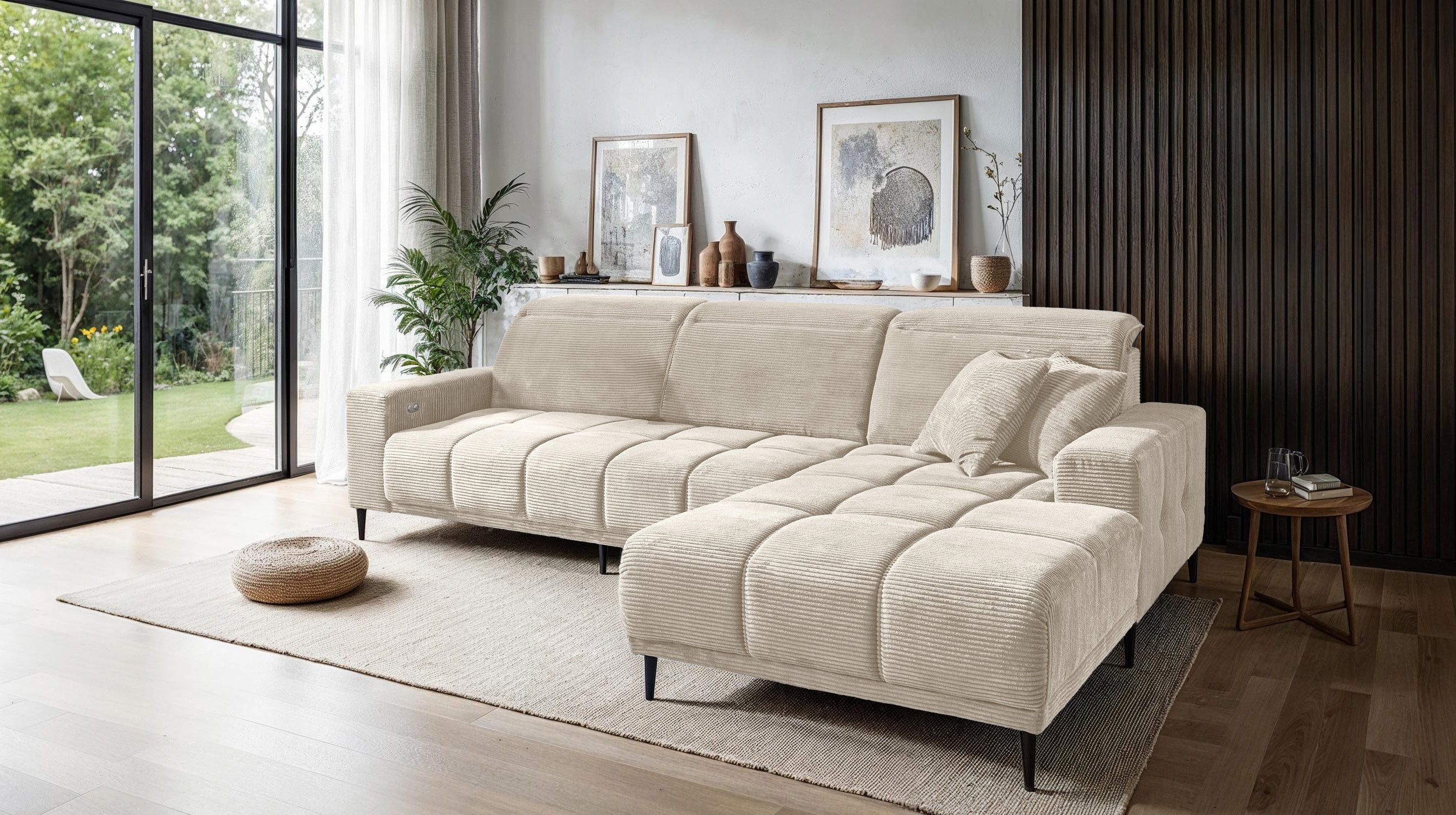 Massivart® Ecksofa Cord 286 cm / Cordsofa / elektrische Sitztiefenverstellung / MARISOL, Kopfteilverstellung / Sitztiefenverstellung / Nosagunterfederung