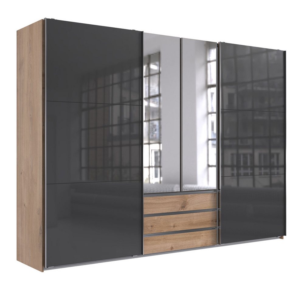 Lomadox Kleiderschrank MIDLAND-43 in Eiche mit grau Schwebetüren Spiegeltüren Schubladen 300x216x65 cm