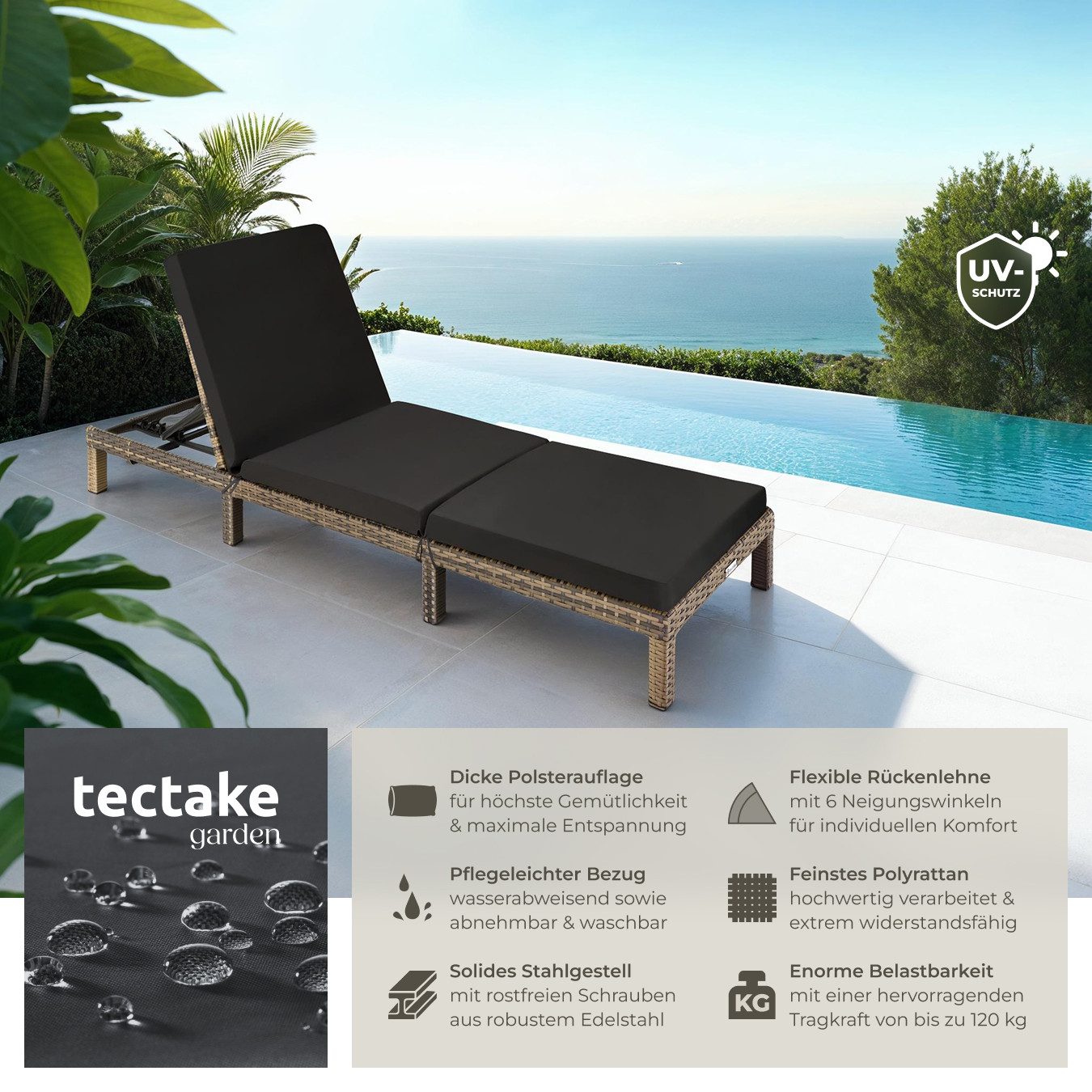tectake Gartenliege Rattan Sonnenliege, 1 St., günstig online kaufen