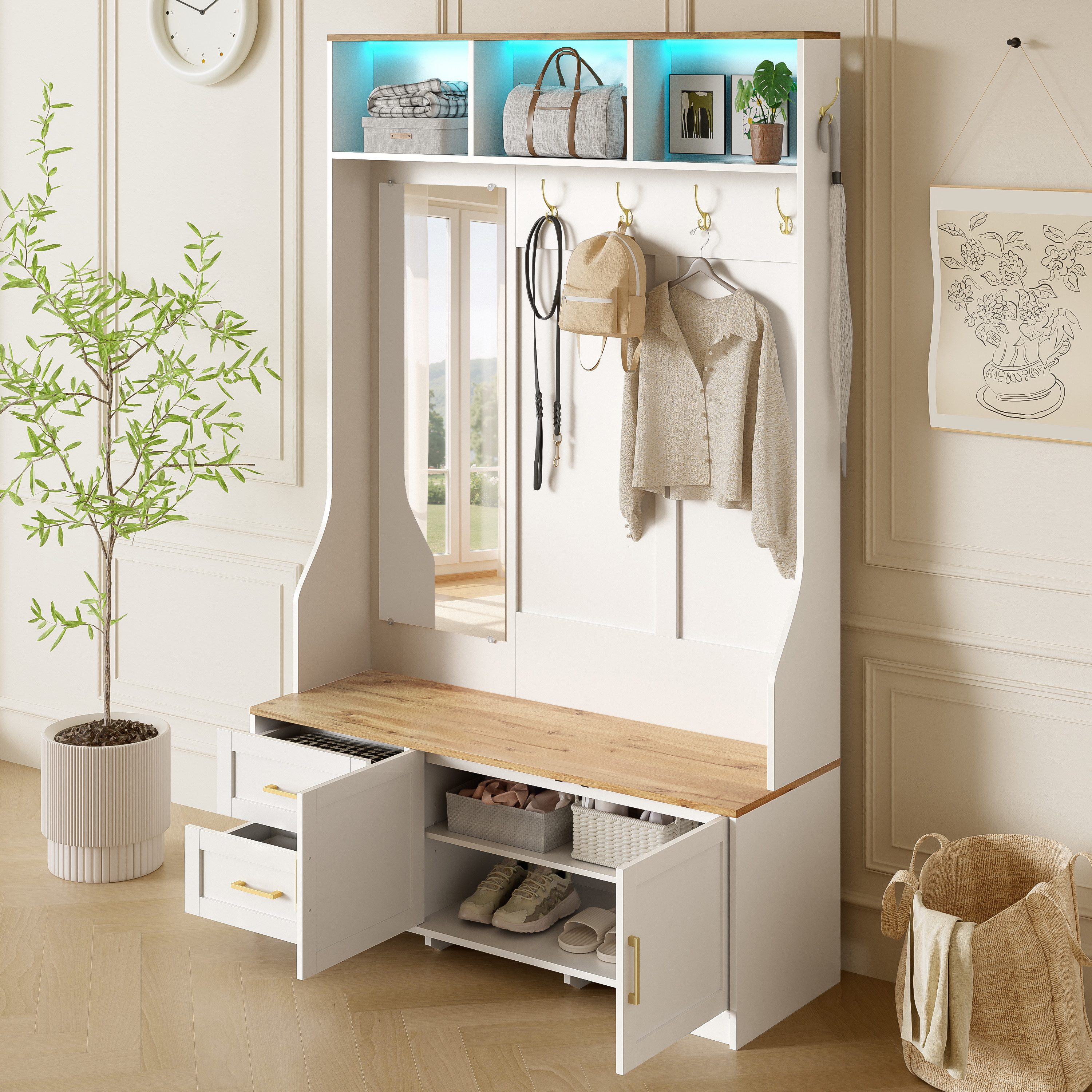 Odikalo Garderoben-Set Flurschrank Garderobenschrank mit LED, (Multifunktionaler Flur- & Schuhschrank mit LED-Beleuchtung, Spiegel, Haken und Schubladen – Moderner Garderobenschrank für Eingangsbereich & Diele mit Stauraum und Sitzfläche)