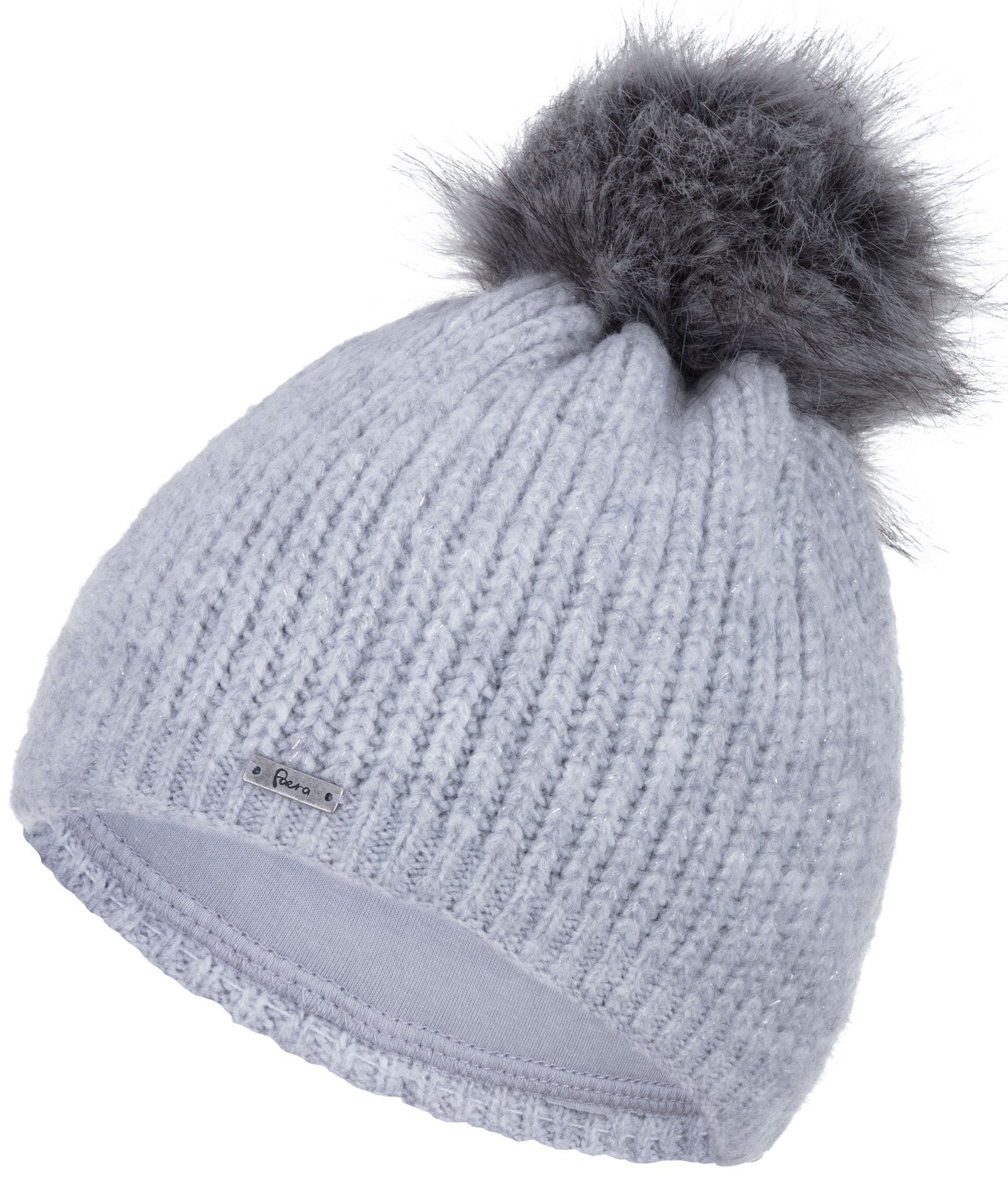 Faera Bommelmütze (1-St) Damen Wintermütze gefüttert Glitzer Winter Beanie Strickmütze hellgrau