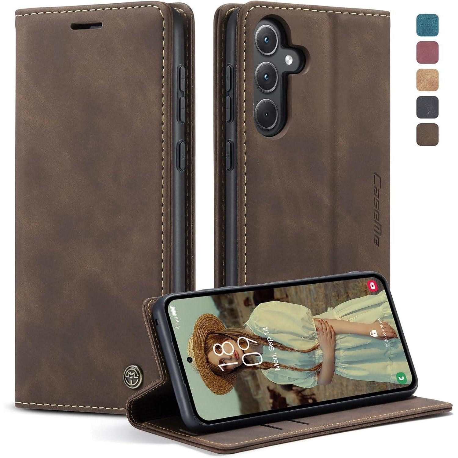 LuxusKollektion Flip Case Handyhülle Samsung Galaxy A35 5G Premium Leder Flip Case kaffee