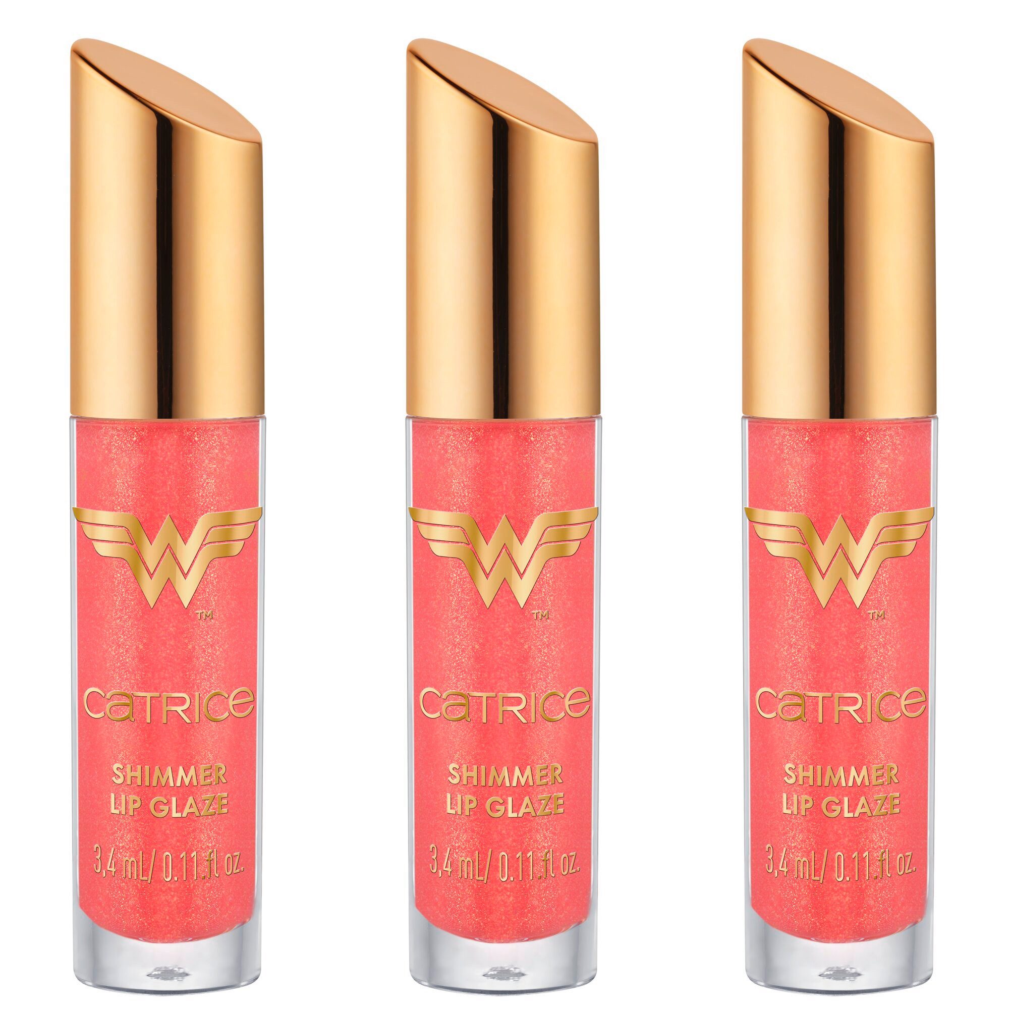 Catrice Lipgloss Wonder Woman Shimmer Lip Glaze, 3-tlg., Hochglanz-Mix aus Lippenöl und Gloss, pflegt und spendet Feuchtigkeit.