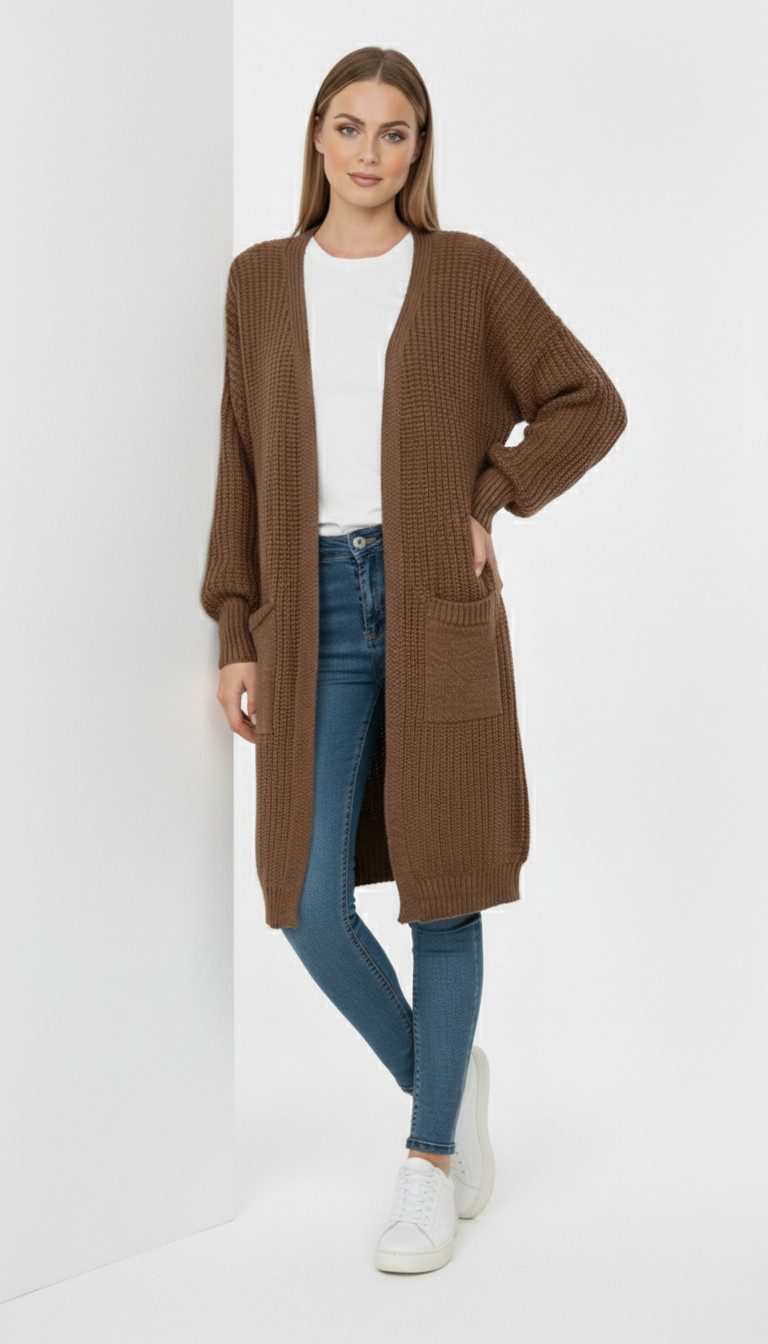 Kendindza Collection Cardigan Cardigan Damen Knielang Oversize Strickjacke Damen Lang Weich Grobstrick Longstrickjacke Made In Italy - One Size 34-44