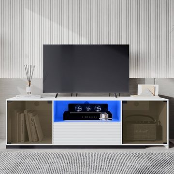 BlingBin TV-Schrank Lowboard Schiebedesign (1-St., Mit 2 Türen, 1 Schublade und 1 offenem Fach, Breite 140cm) mit LED-Beleuchtung, marmorgeäderter Tischplatte, Glasdesign