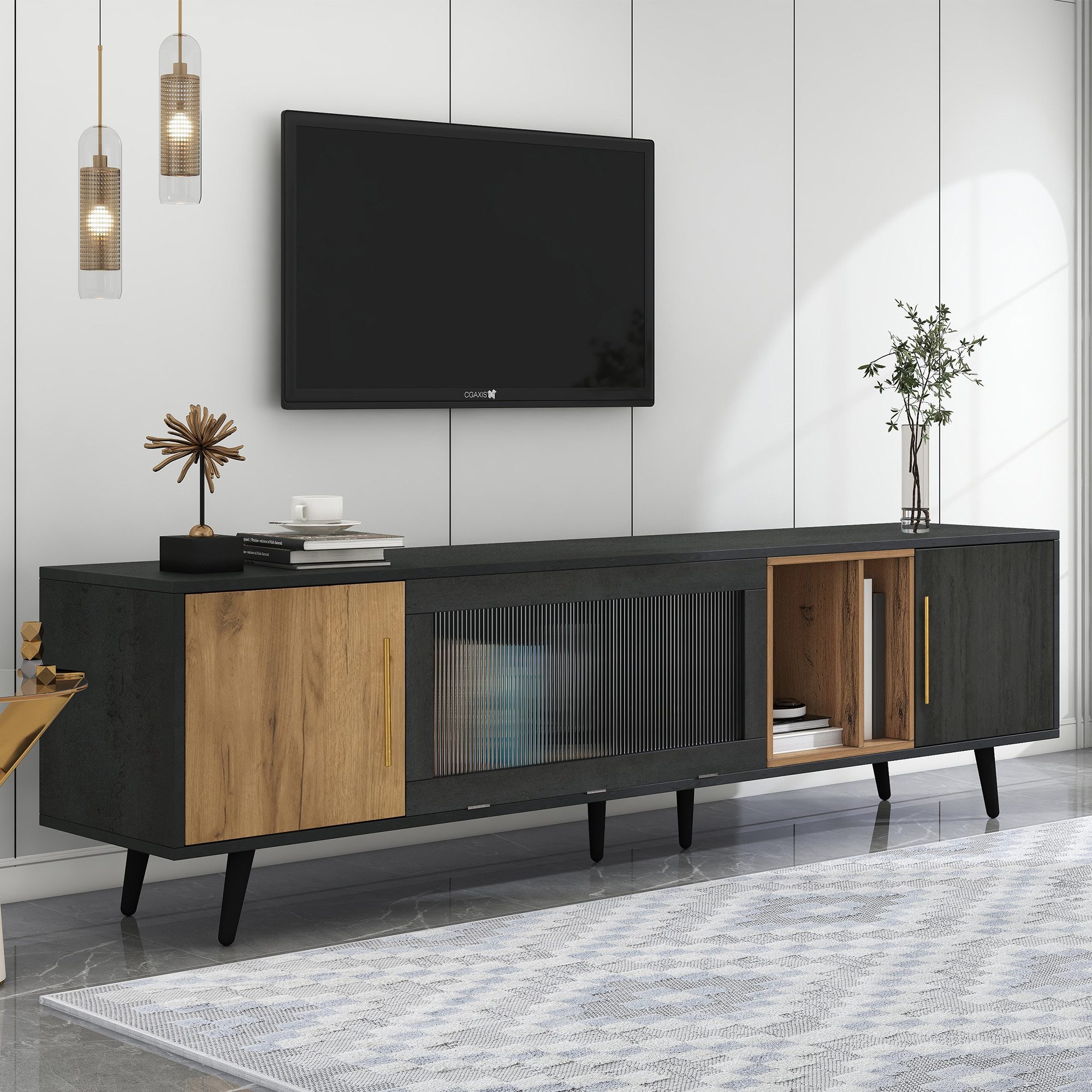 Merax Lowboard Fernsehschrank in Grau-Holzoptik & Dunkelholz (200 x 40 x 55,5 cm, 1 St), TV-Schrank mit Glastür, 3 Schranktüren, offenem Fach & Kabelmanagement
