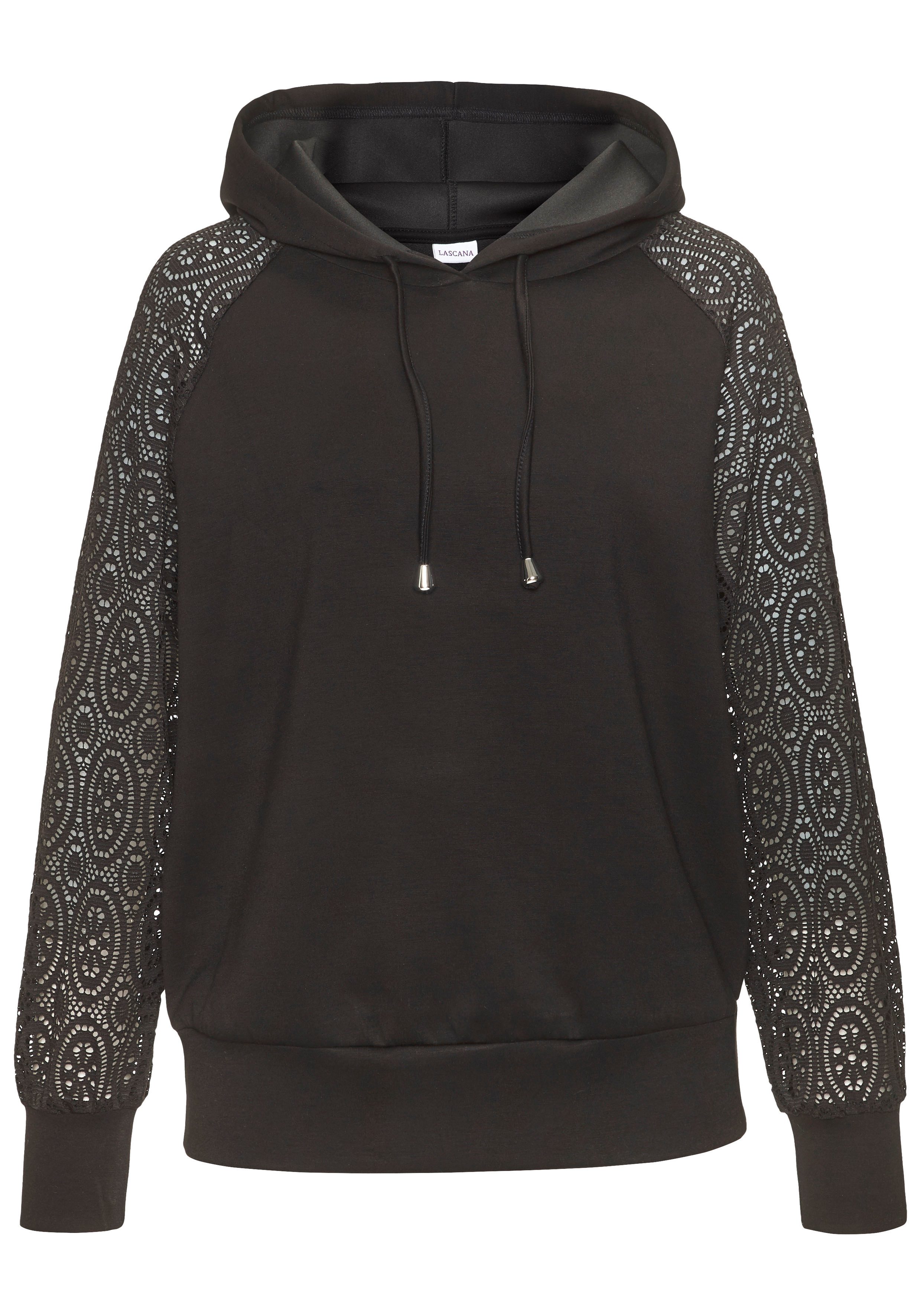 LASCANA Kapuzensweatshirt mit Ärmeln aus elastischer Spitze – Bild 2 von 5