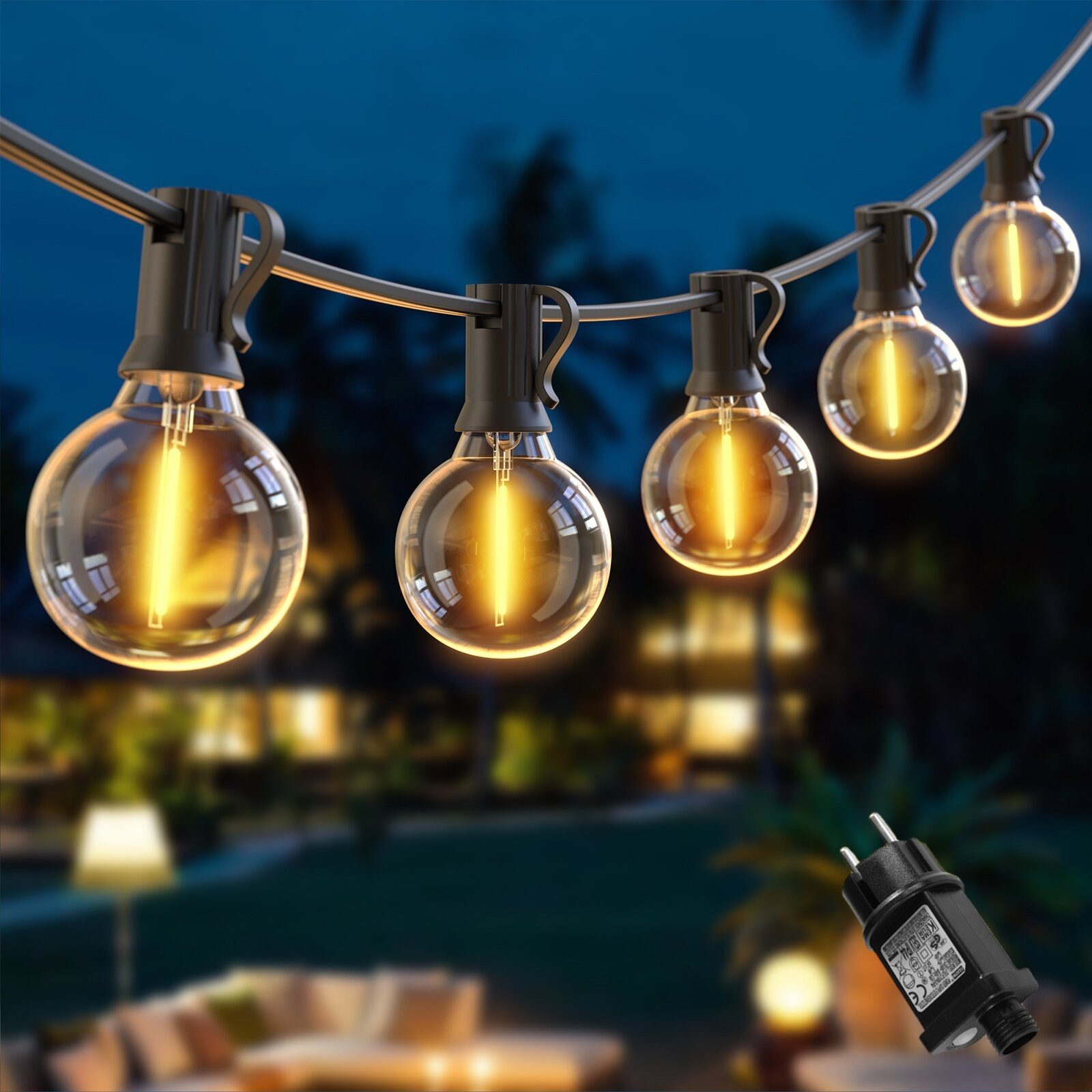 Elegear Lichterkette outdoor 9/18M LED lampen balkon mit Timer, 8 Modi, lichterketten außen, 30-flammig, gartenleuchten mit 30+3 G40 Glühbirnen für terrasse zaun wohnzimmer