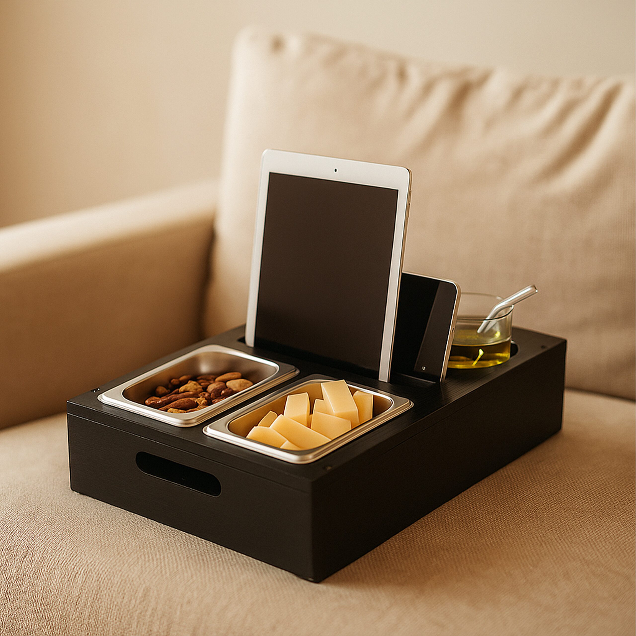 relaxdays Tabletttisch Couchbar mit Snackschalen, schwarz