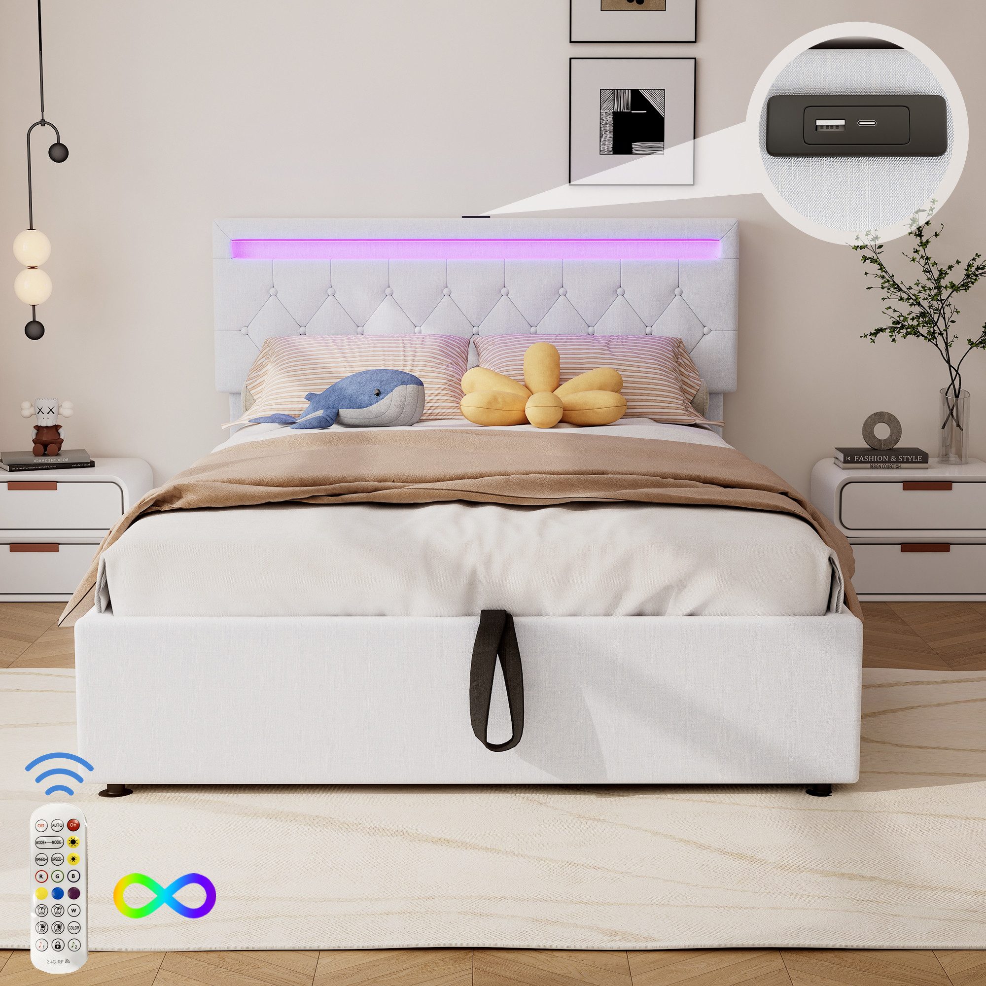 Flieks Polsterbett, LED Hydraulisches Doppelbett 140x200cm günstig online kaufen