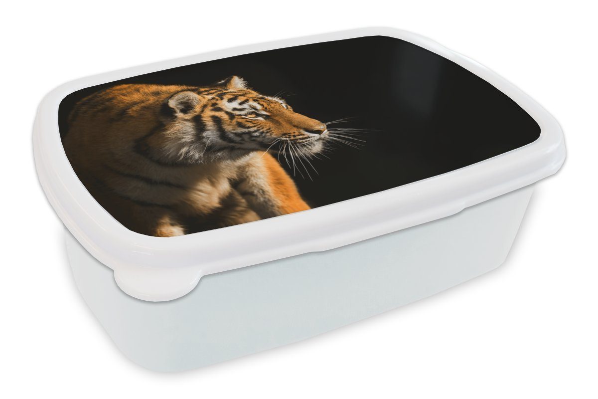 MuchoWow Lunchbox Tiger - Jagd - Sonne, Kunststoff, (2-tlg), Brotbox für Kinder und Erwachsene, Brotdose, für Jungs und Mädchen weiß
