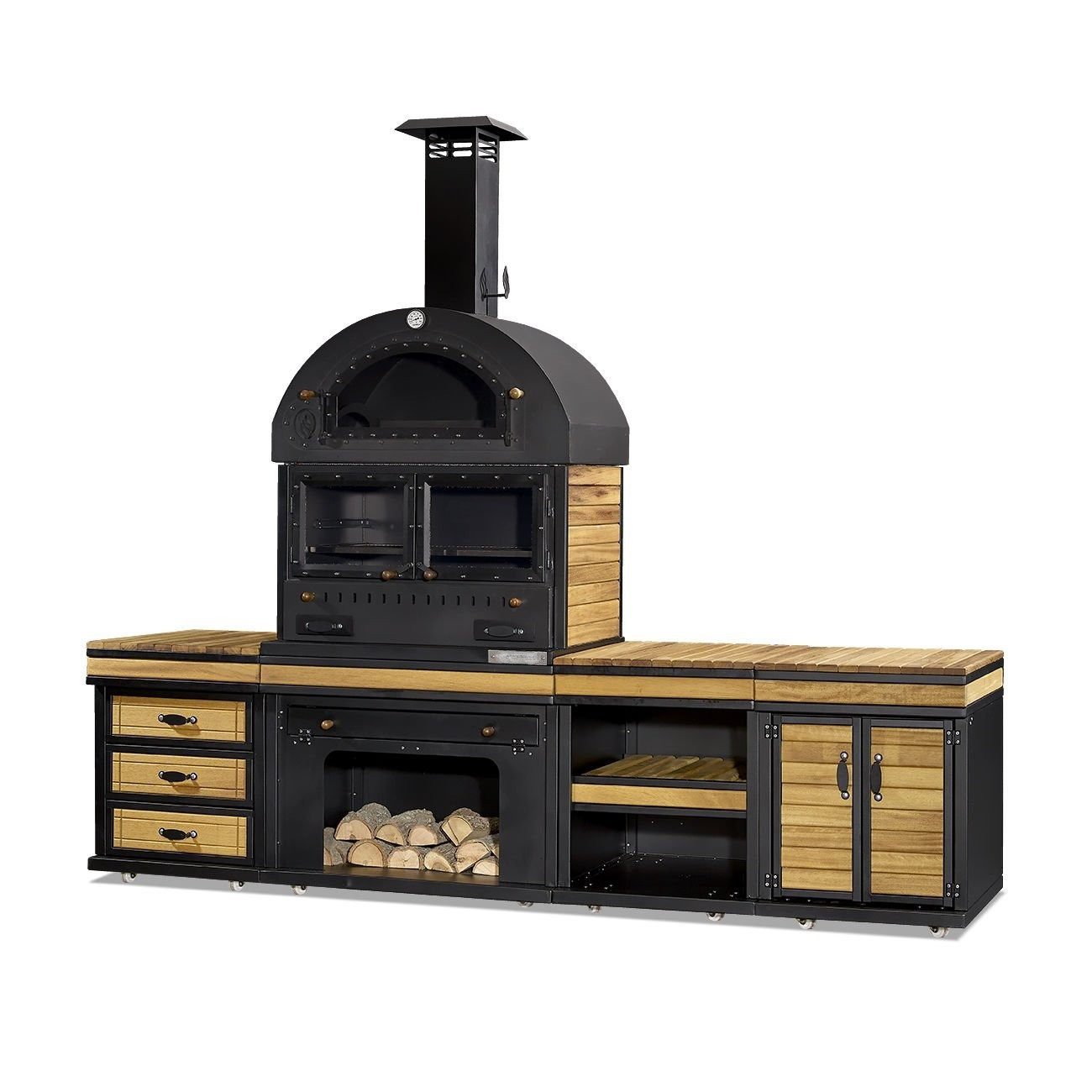 JVmoebel Outdoor-Küche Schwarze Außenküche aus Holz und Edelstahl mit Stauraum, Made in Europe