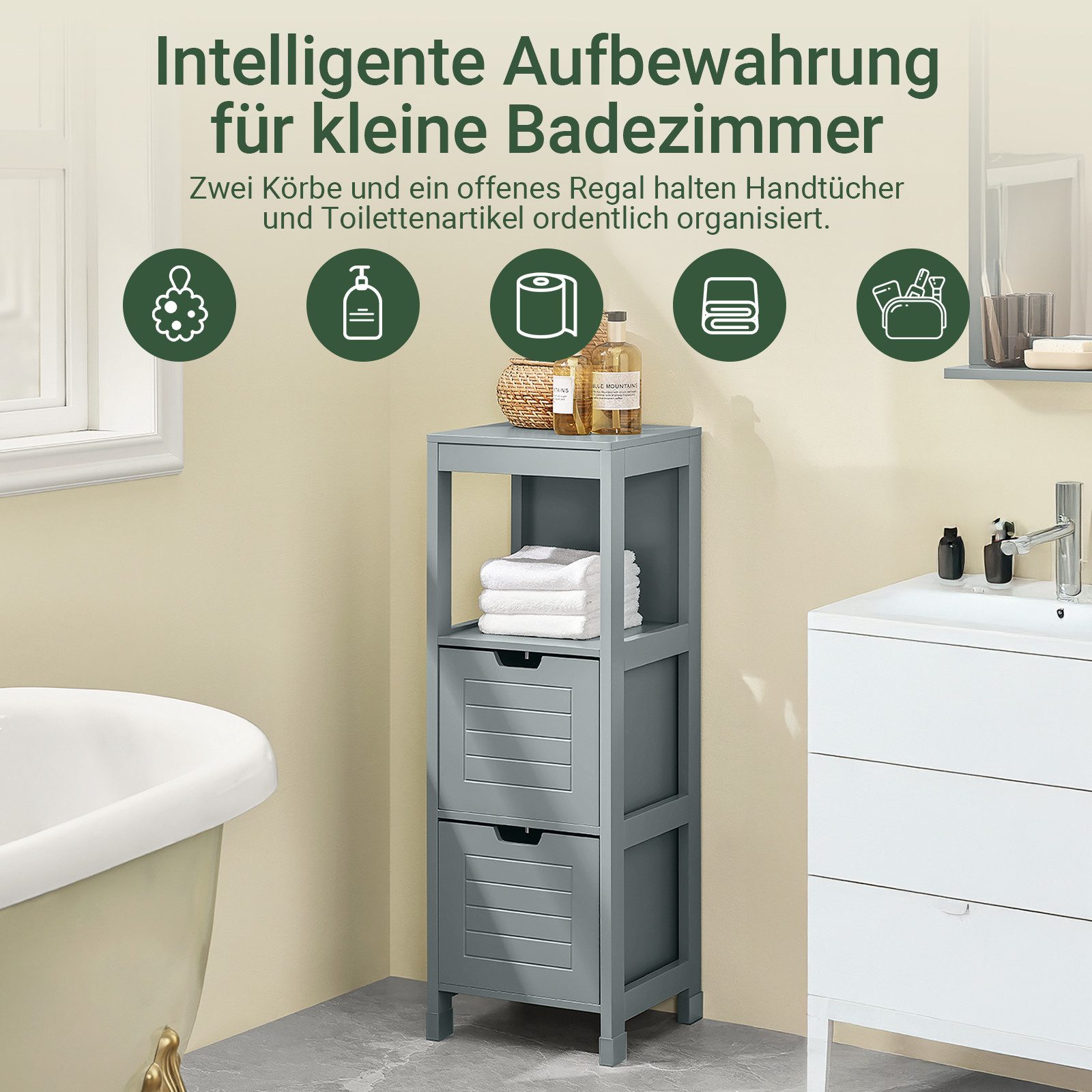 SoBuy Midischrank FRG127, Badezimmerregal mit 2 Körben Badschrank schmal Badregal Badkommode Kommode Badezimmerschrank aus Holz Eckschrank Badezimmer