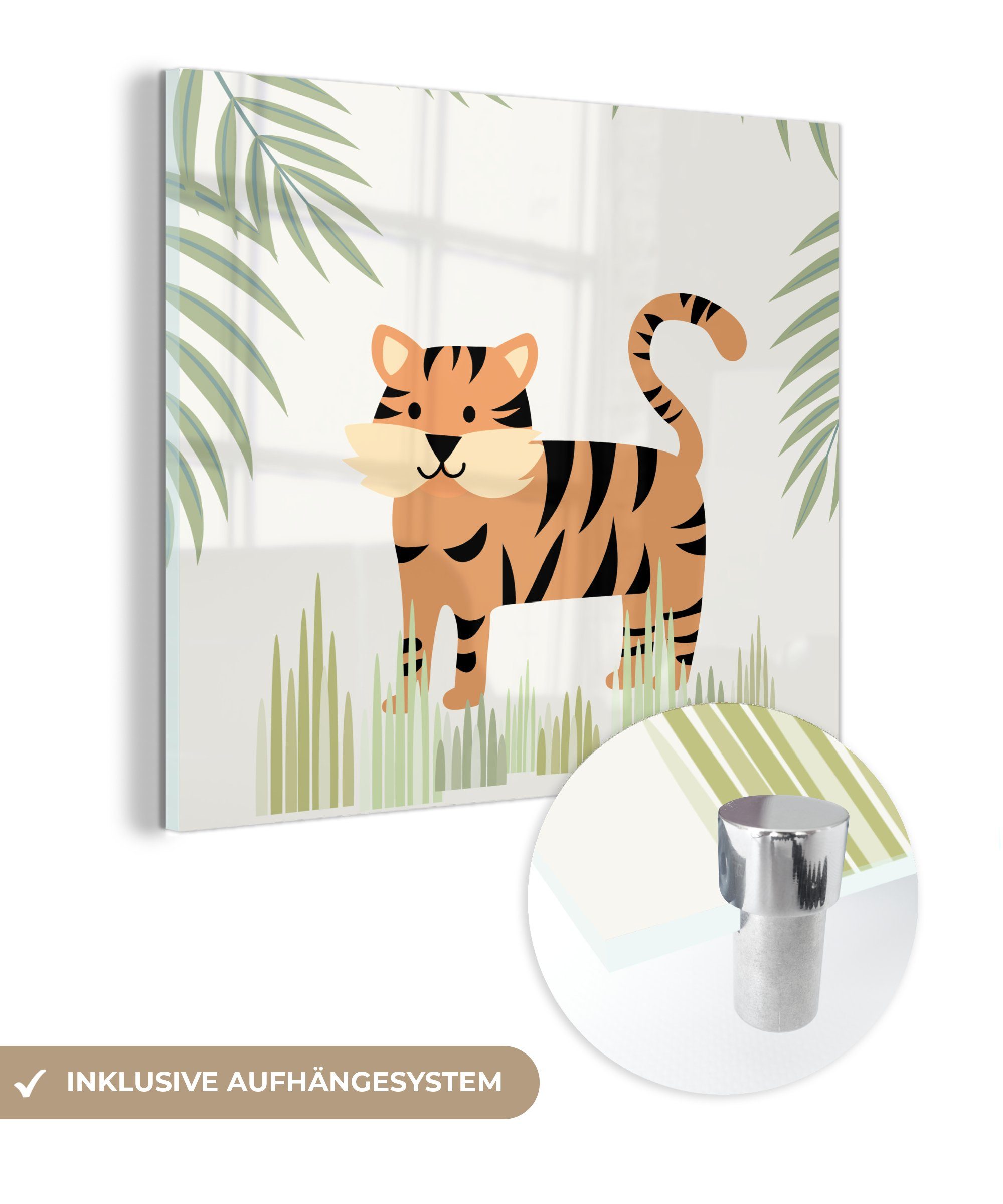 MuchoWow Acrylglasbild Illustration eines Tigers im Dschungel, (1 St), Glasbilder - Bilder auf Glas Wandbild - Foto auf Glas - Wanddekoration | Bilder