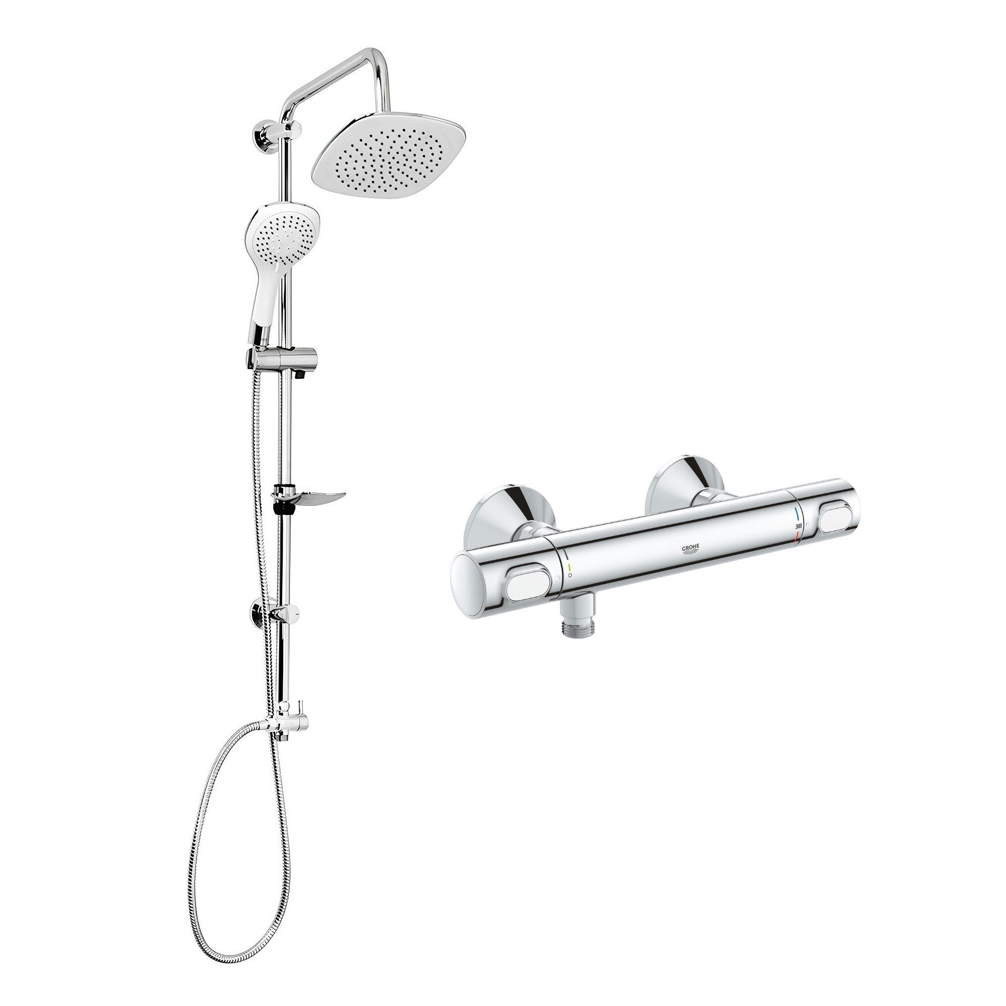 Grohe Duscharmatur Precision Flow mit Thermostat, Duschstange, Handbrause & Seifenhalter (Spar-Set) mit Regendusche, 3 Strahlarten mit SafeStop Sicherheitssperre bei 38°