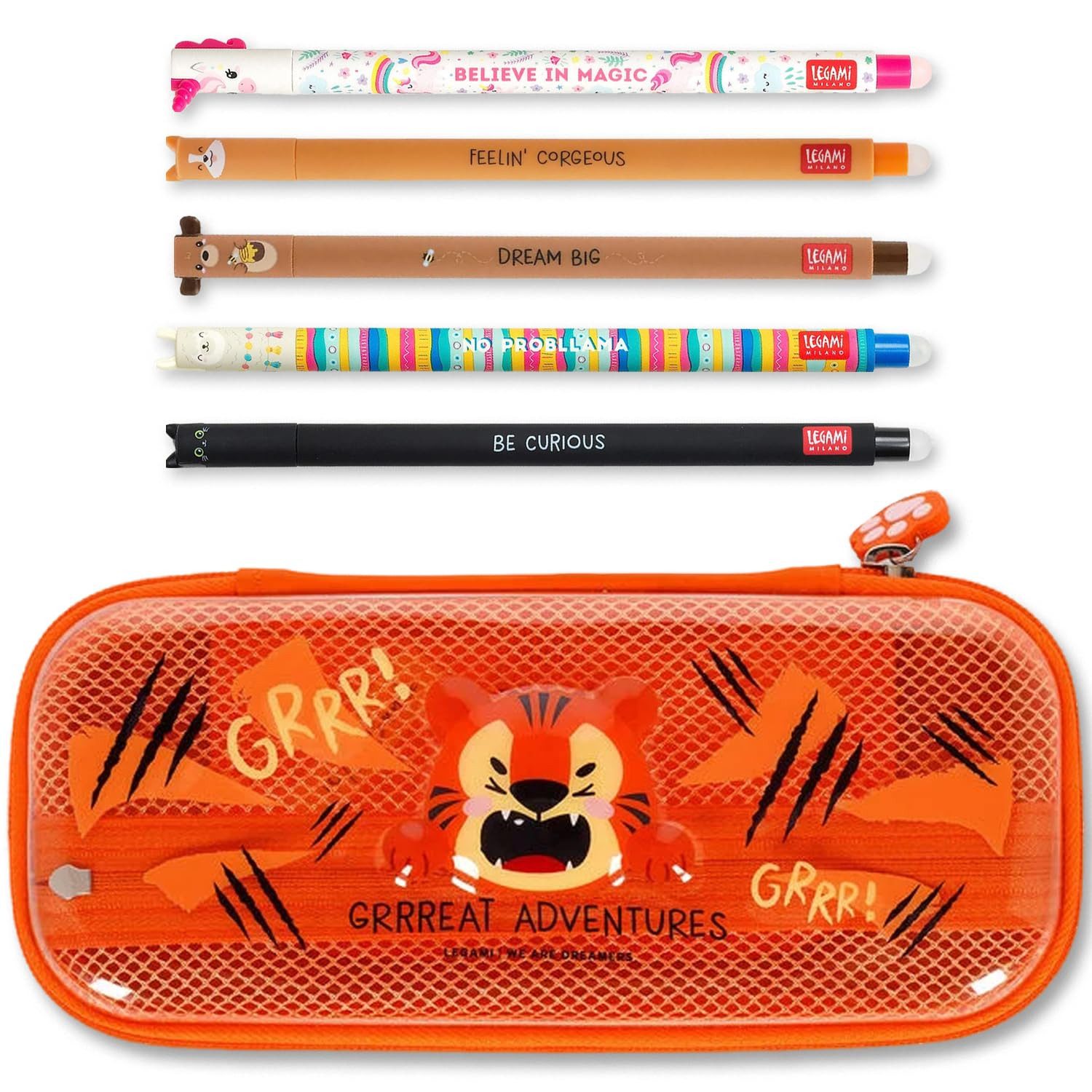 Legami Federmäppchen Federmäppchen mit 2 Fächern und radierbarem Stift-Set, 5 niedliche Tierstifte, thermosensitive Tinte