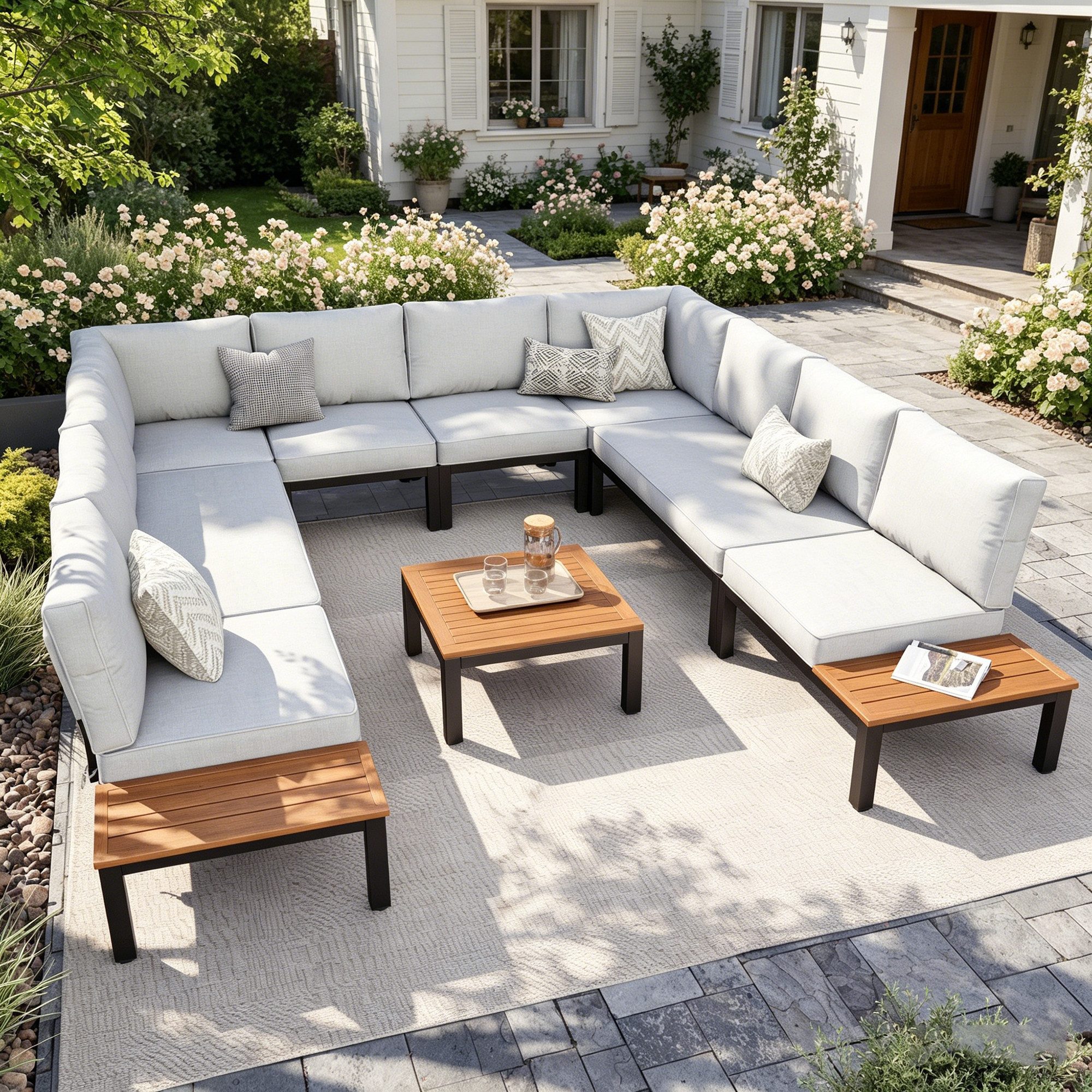 PHI VILLA Gartenlounge-Set, (Balkonmöbel Outdoor Ecksofa, Metall Gartenmöbel Set), Außen Gartensofa Wetterfest mit Couchtisch und Kissen, Beige-Grau