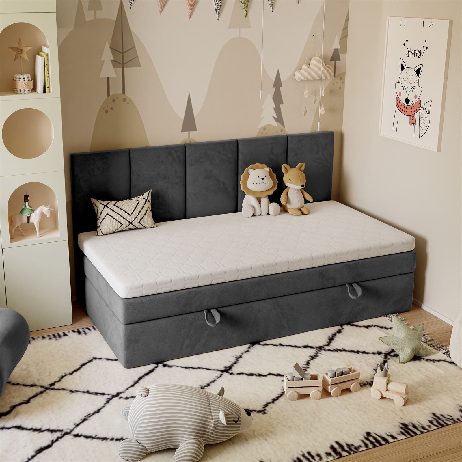 Lookway Boxspringbett Kontinental ELZA MINI mit Bettkasten und Topper, komfortabel gepolstertes, hohes Kopfteil