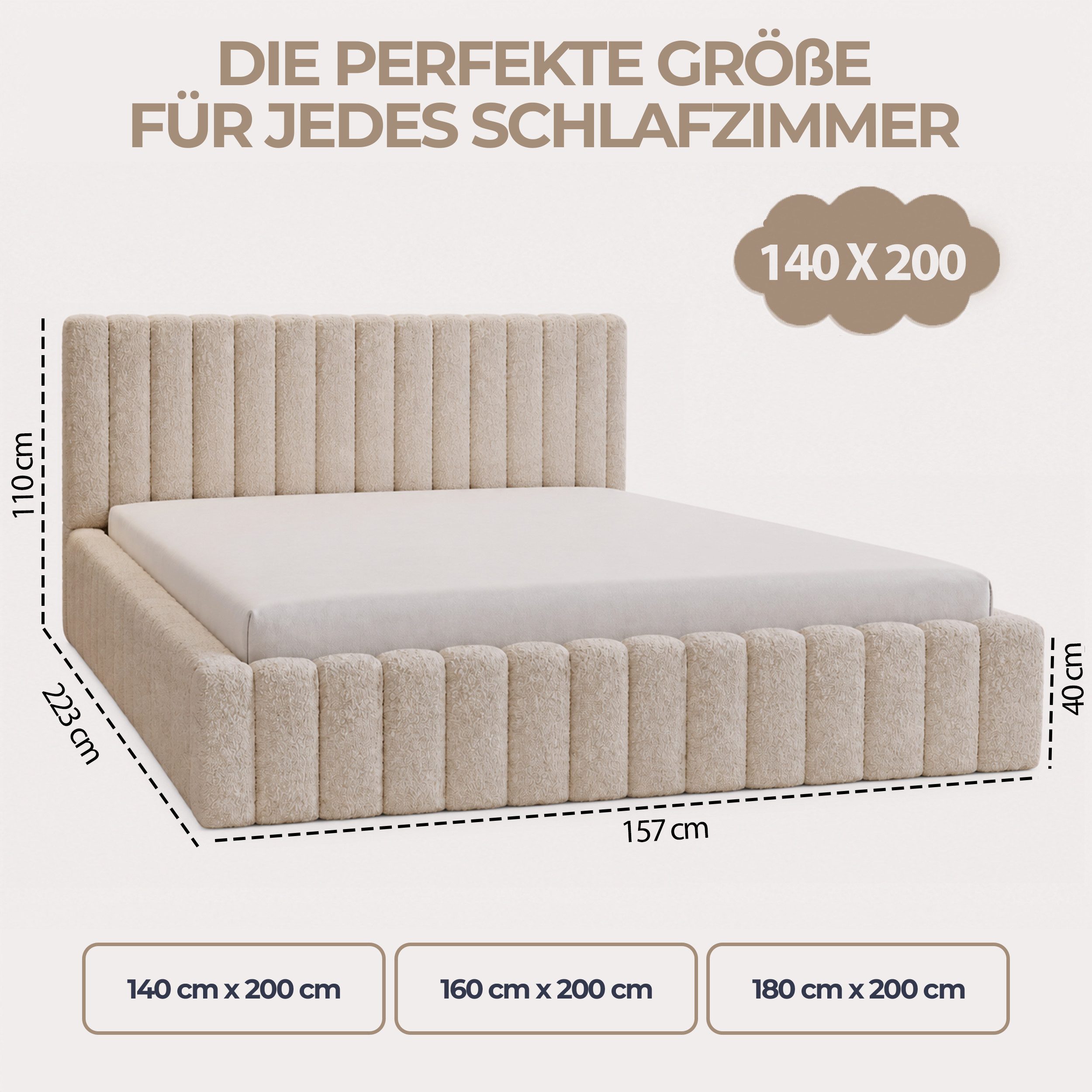 Goldstoff Polsterbett mit Bettkasten und Lattenrost (Boucle-Stoff in "Lammfell", Designerbett, Wolkenbett, Stauraumbett- 140/160/180x200), Erhältlich in 3 Größen und 6 Farben